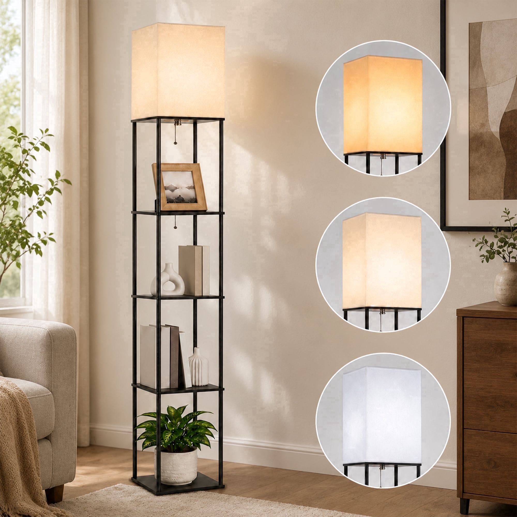 DAYBETTER 4-Tier Floor Lamp with Shelves, Modern Corner Bookshelf Lamp with 3-Color Temperature LED Bulb (Black, 69 in) zbfyx