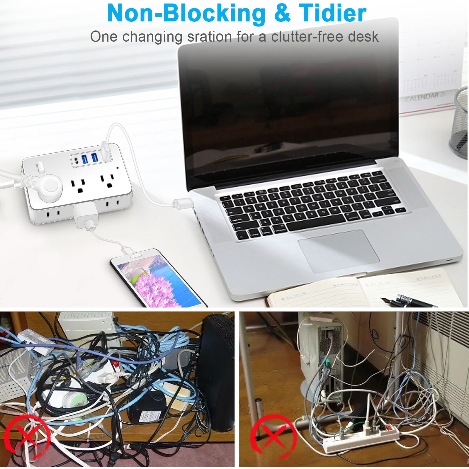 BOHASHIN Power Strip Extension Cord with 6 Widely Spaced Outlets and 4 USB Charging Ports (White, 15 ft) gtuph