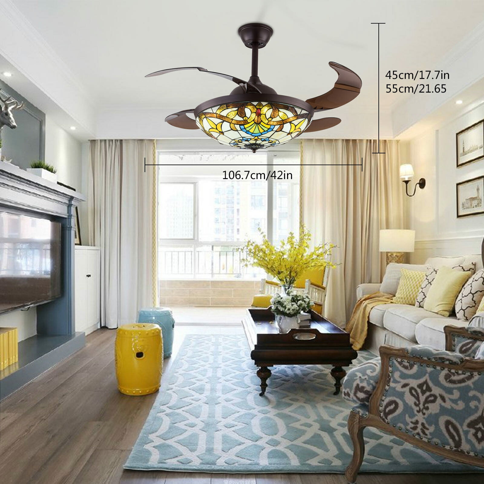 TFCFL 42 in Tiffany Ceiling Fan with LED Light and Retractable Blades (Multicolor, 42 in) or3w6