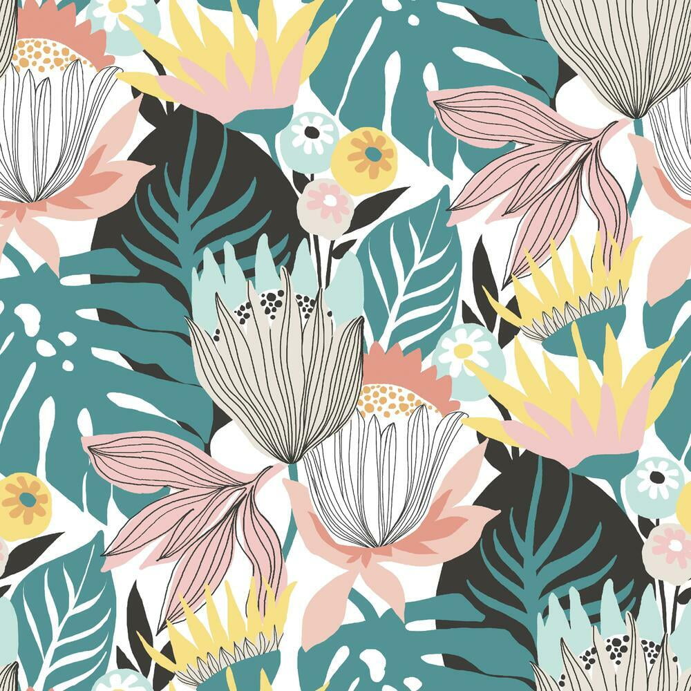 RoomMates Retro Tropical Leaves Peel and Stick Wallpaper (Pink, 20.5 in x 16.5 ft) jncuq