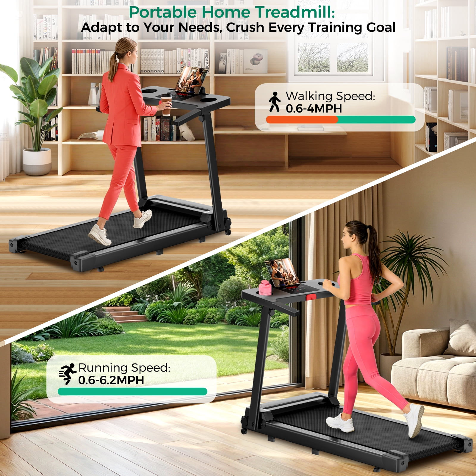 Tomile Folding Treadmill, 3.0 HP Walking Pad for Home Fitness, Compact Running Machine with LED Display (Black, 300 lb Capacity) nsnm6