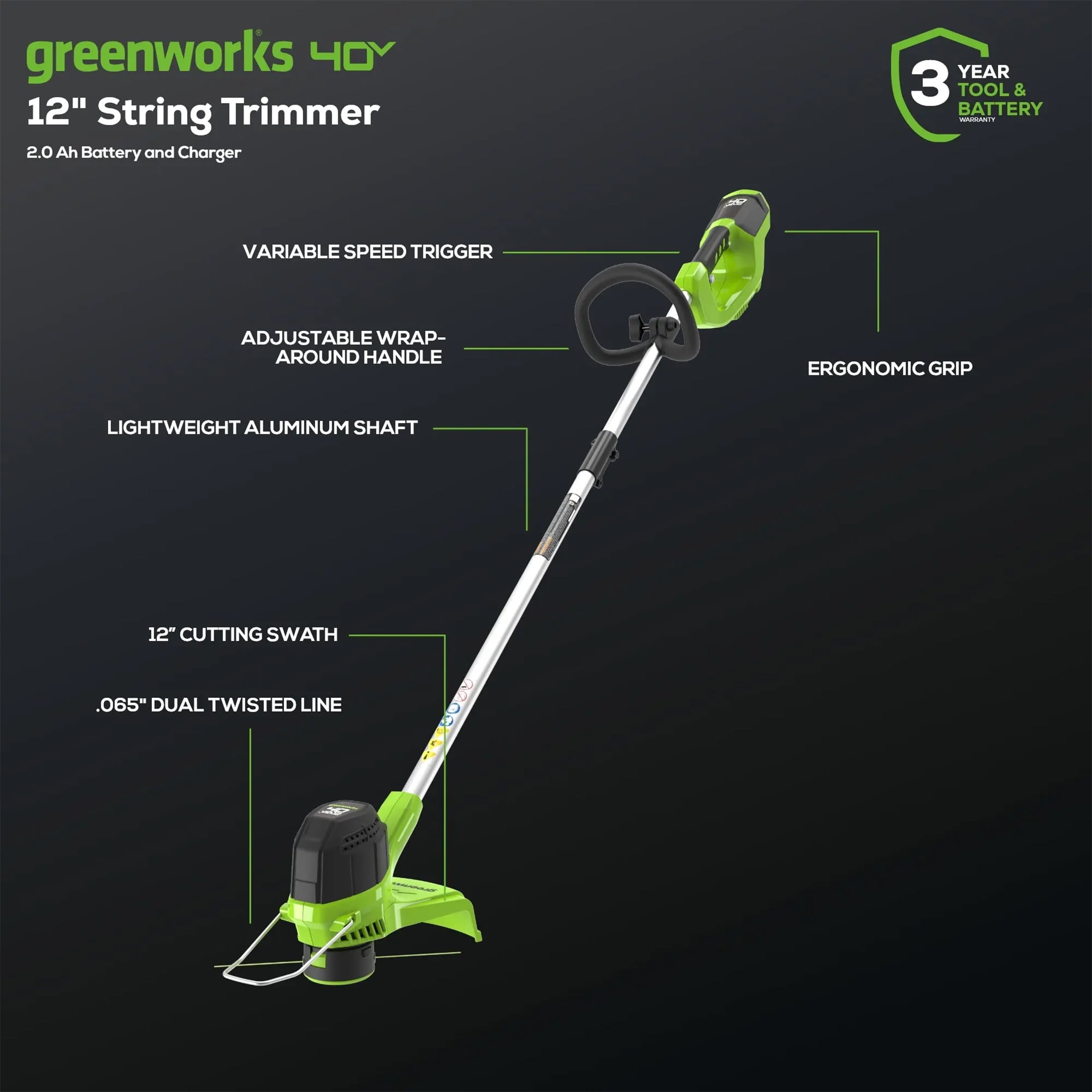 Greenworks 40V Cordless String Trimmer and Leaf Blower Combo Kit (Black, 2.0 Ah Battery) ld9u7