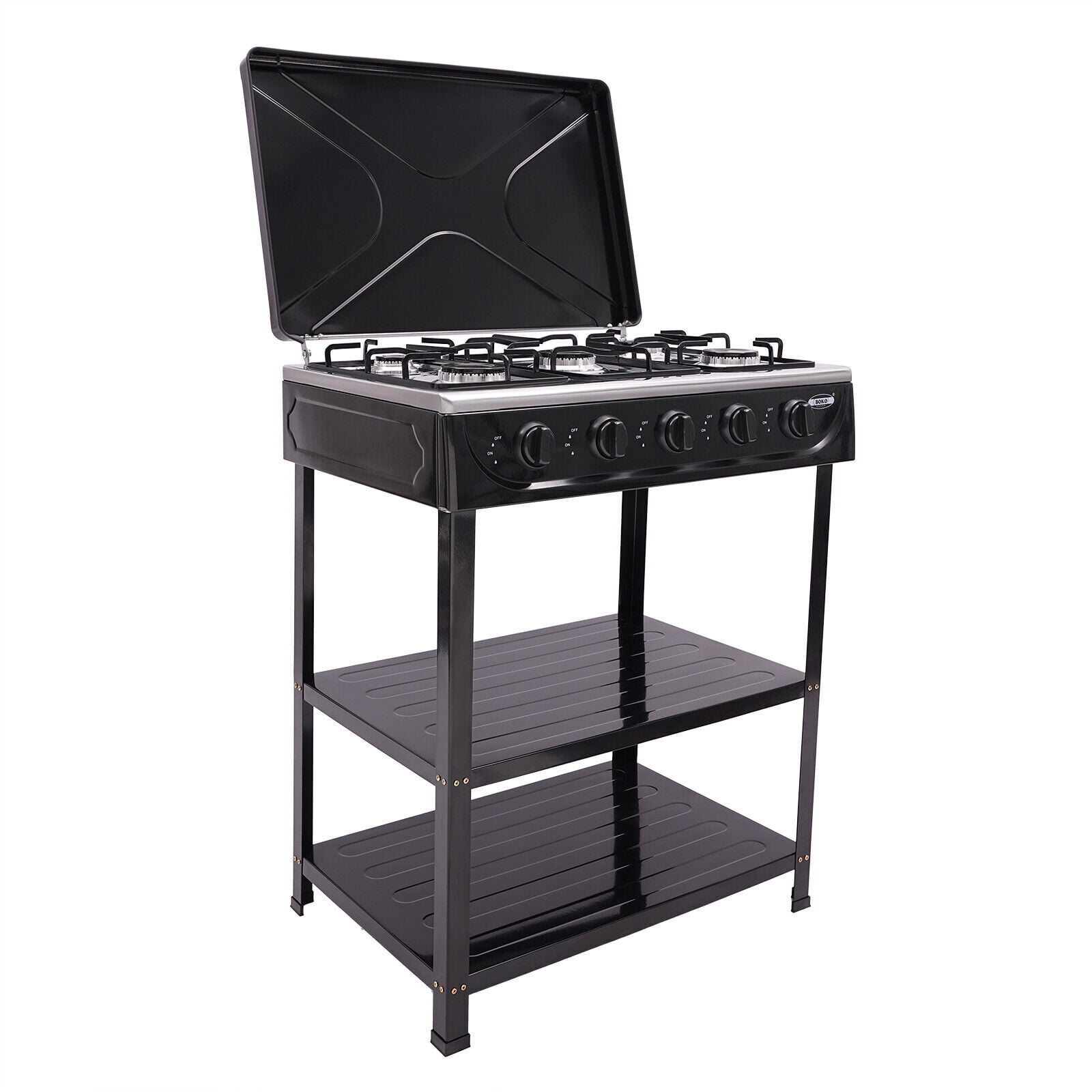 Generic 5-Burner Gas Stove Outdoor Camping BBQ Grill with 2-Tier Storage Rack (Black) g36xu