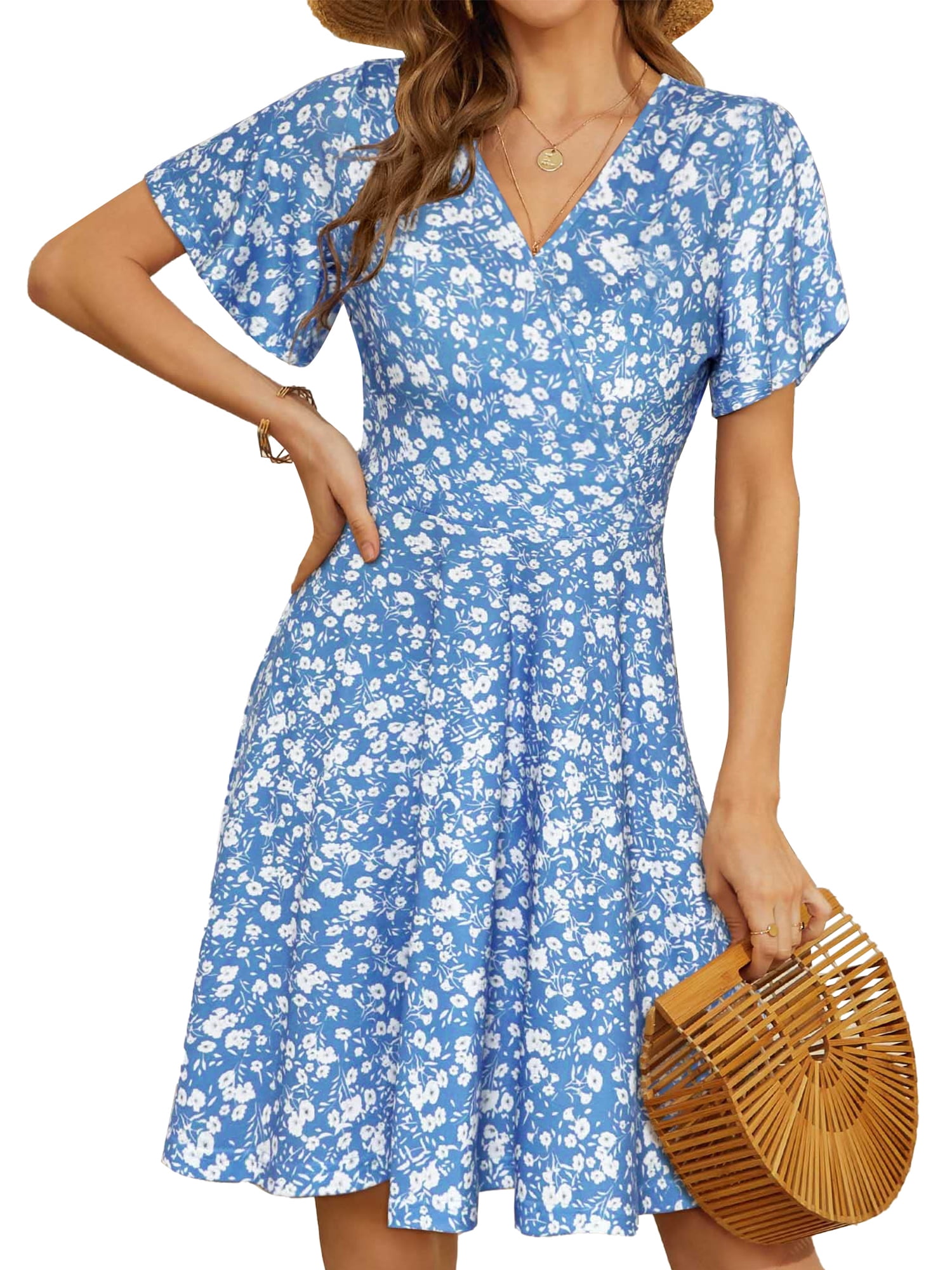 UVN Women's Floral Print Midi Dress V-Neck Short Sleeve A-Line Boho Sundress (Blue, L) no2j3