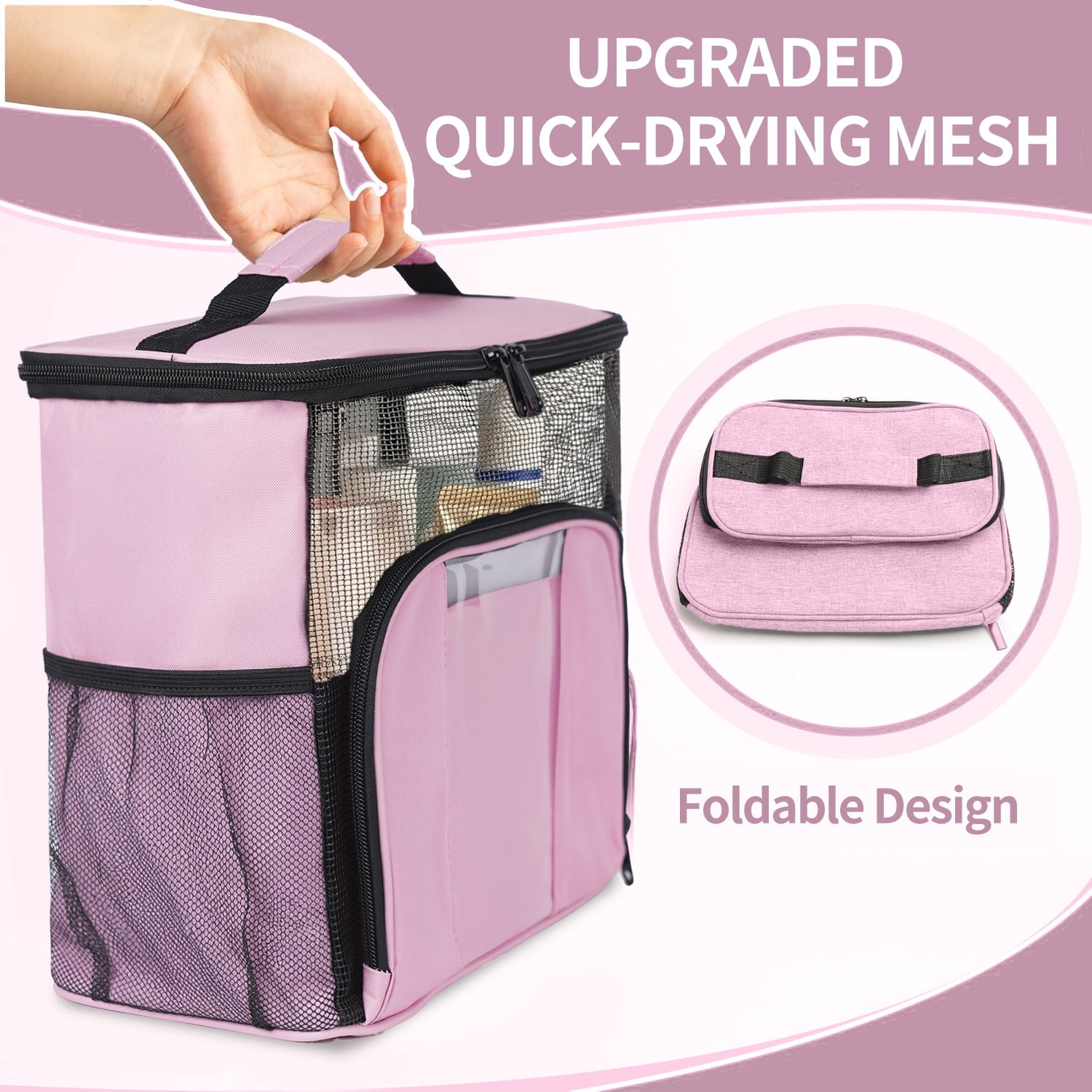 DAKIMOE Mesh Shower Caddy Portable Toiletry Tote Bag for College Dorm Organization (Pink, 10.4 in x 10.4 in x 5.9 in) raadd