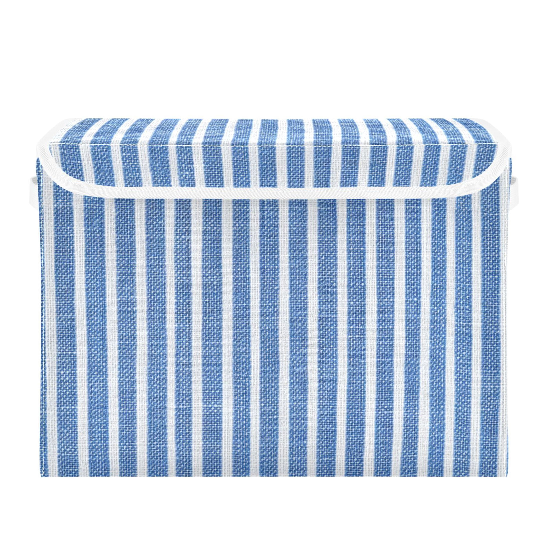 Booyaa Striped Fabric Storage Bin with Lid and Handles (Blue and White, 16.5 x 12.6 x 11.8 in) uyxy8