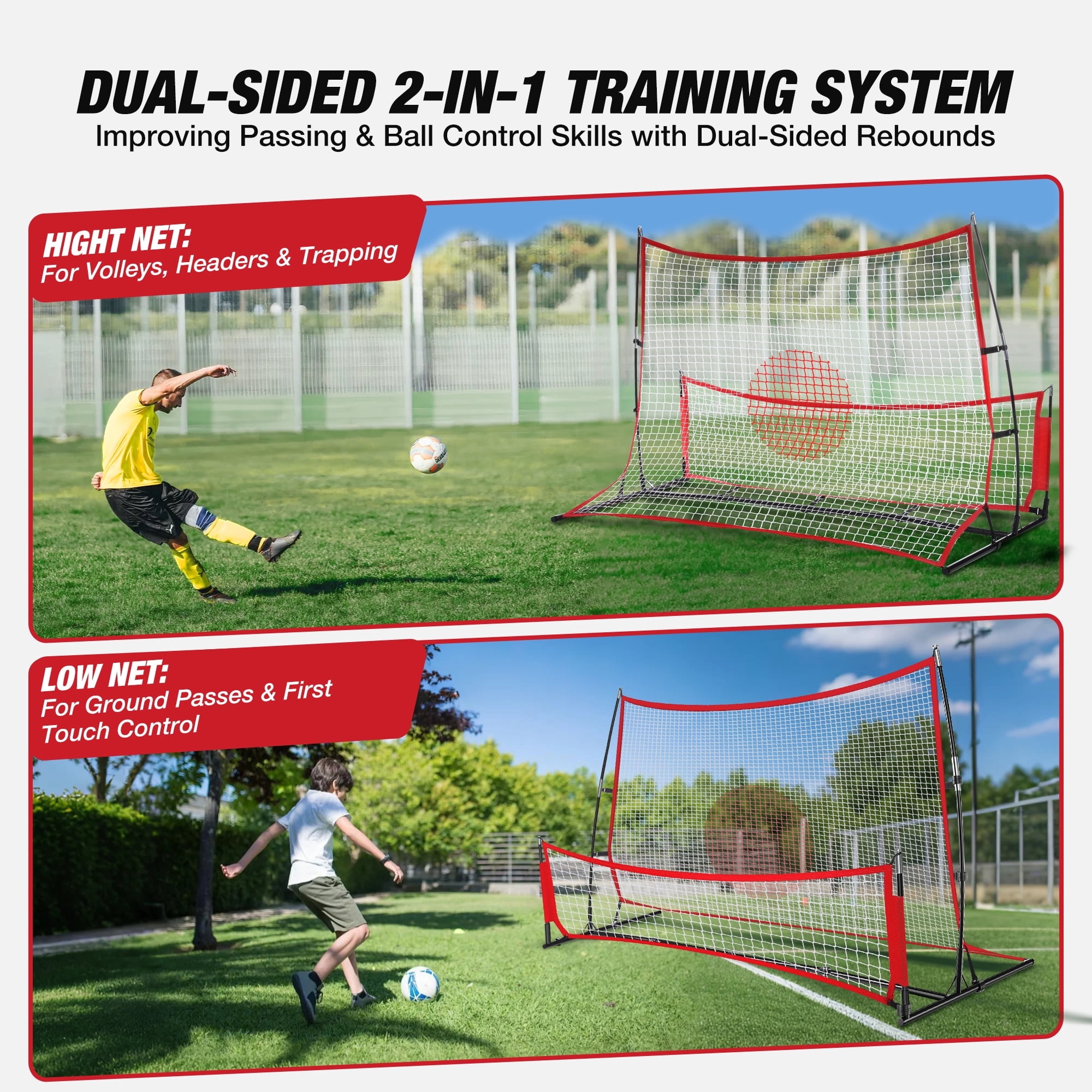 WARMOUNTS 2-in-1 Soccer Rebounder Net, Portable Training Equipment for Solo and Team Practice (Red, 73 in x 49 in) kvew8