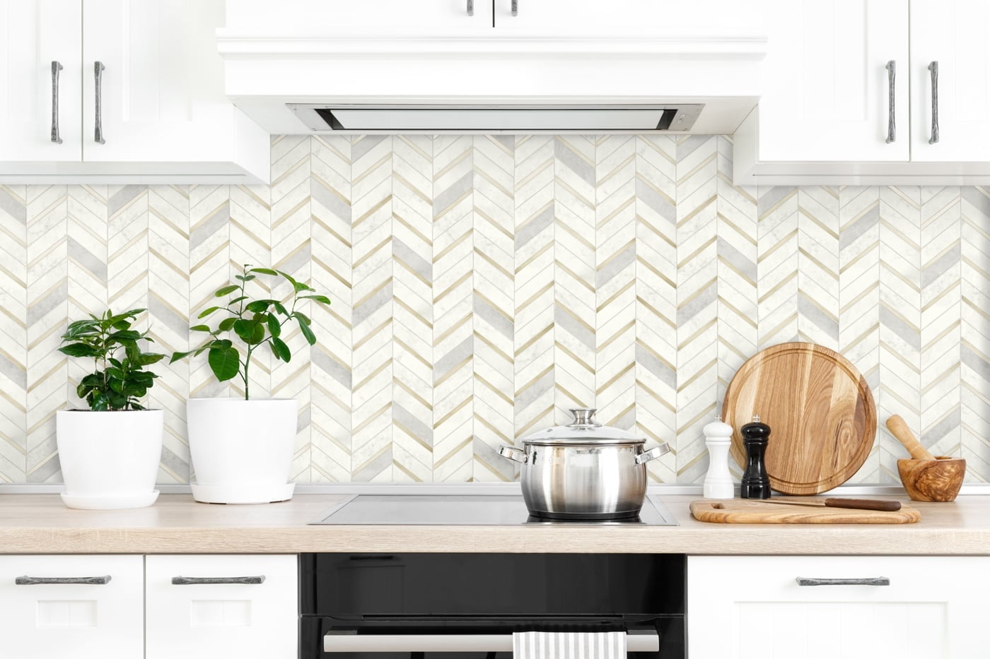 NextWall Metallic Gold & Pearl Gray Chevron Marble Tile Peel and Stick Wallpaper (Gold, 20.5 in. x 18 ft.) mrzf3