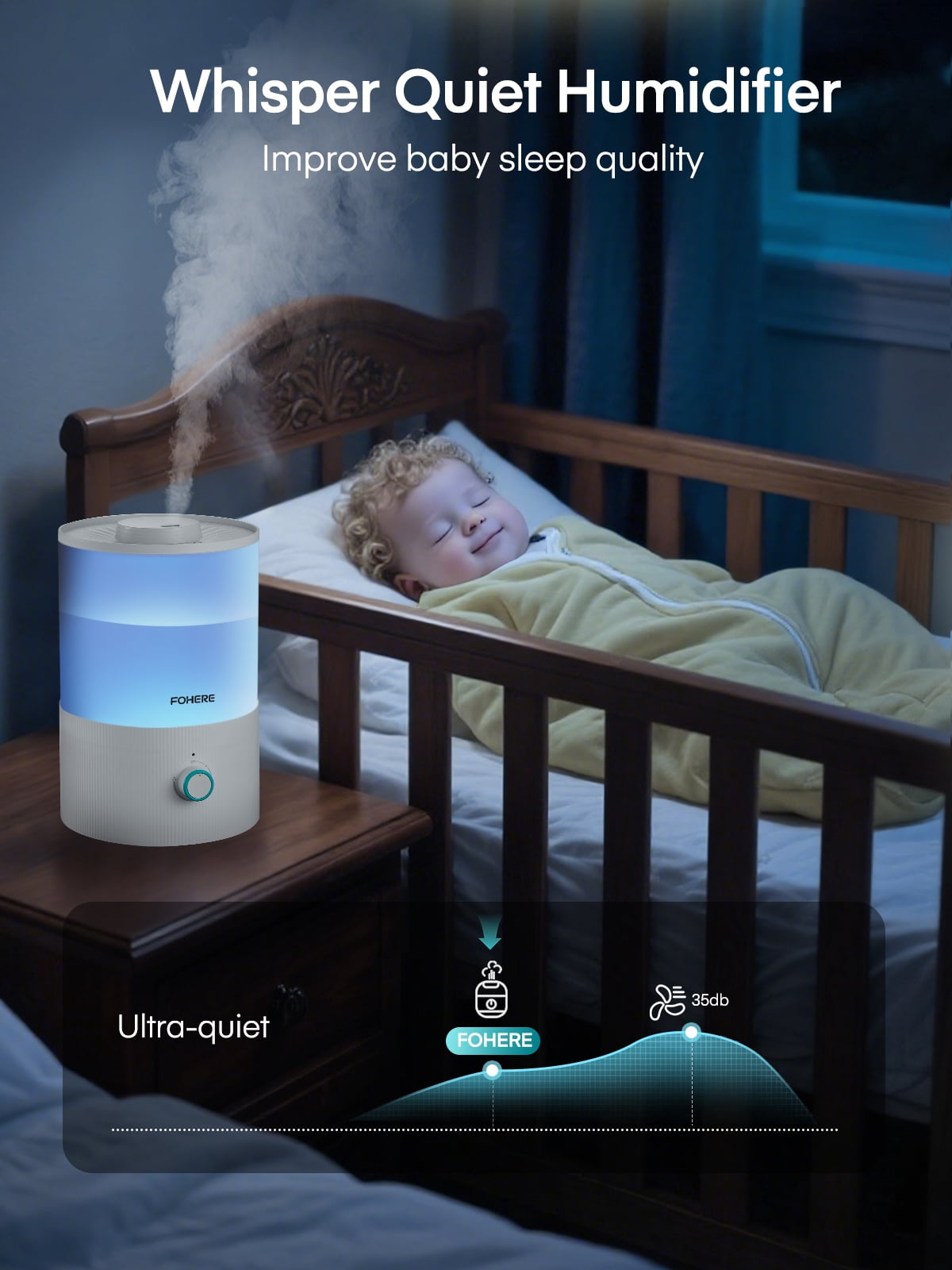FOHERE Ultrasonic Cool Mist Humidifier for Bedroom and Nursery, Top Fill Essential Oil Diffuser with 7-Color Night Light (White, 0.85 gal) 0tdmr