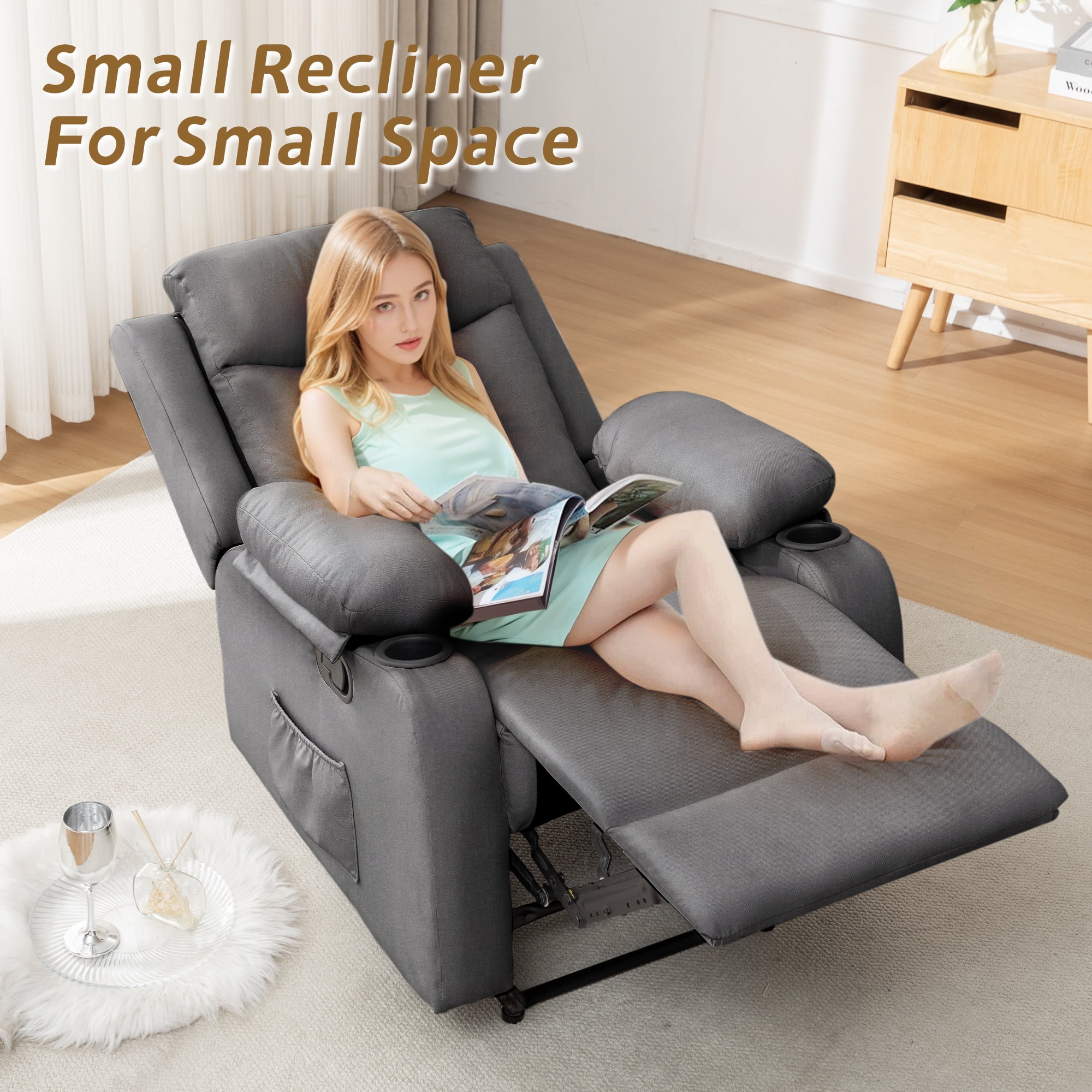 KORSER Manual Recliner Chair for Small Spaces, Breathable Linen Fabric with Cup Holders (Dark Grey, 35.4 in D x 31.1 in W x 35.8 in H) u5p7p