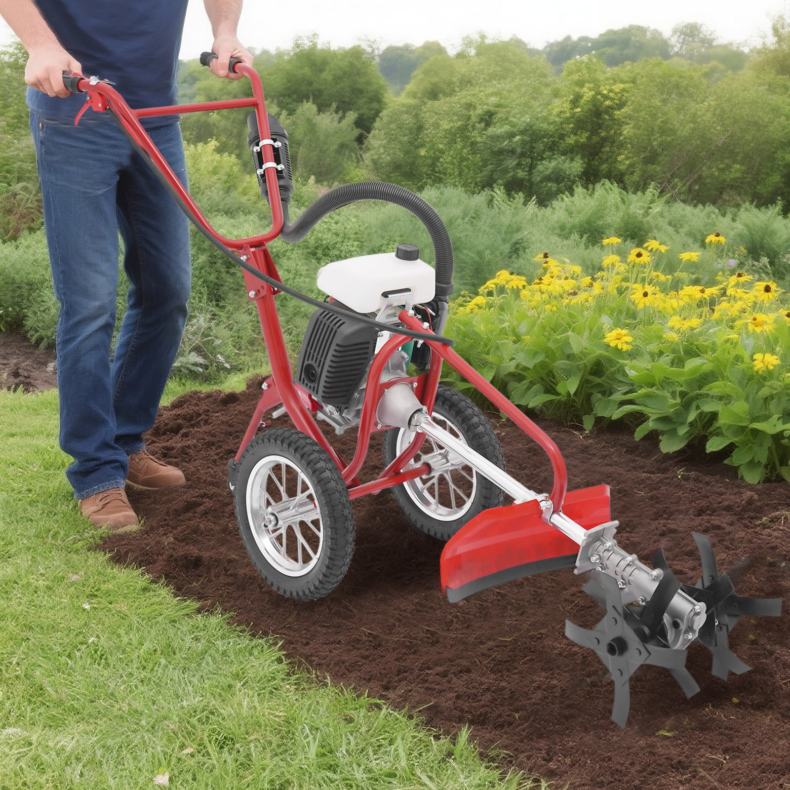 TFCFL 4-Stroke Gasoline Cultivator, Powerful 4 HP Engine, Handheld Tiller for Garden and Farm (63cc, 240 RPM) 16zgh