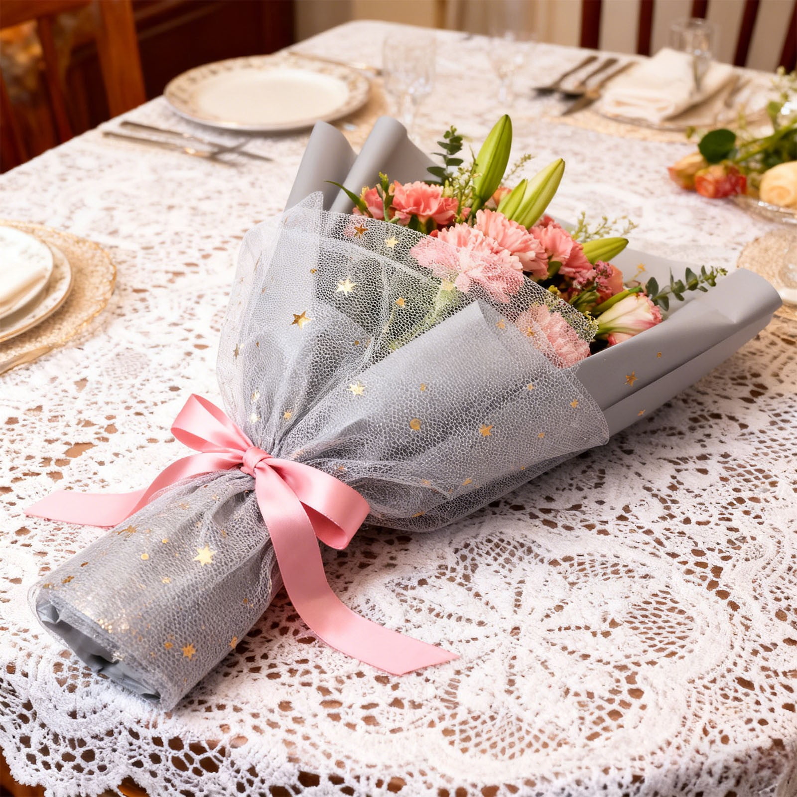 kladzum Star Pattern Mesh Fabric Roll for Floral Packaging and Holiday Gift Wrapping (Grey, 1 Roll) 7d7ng