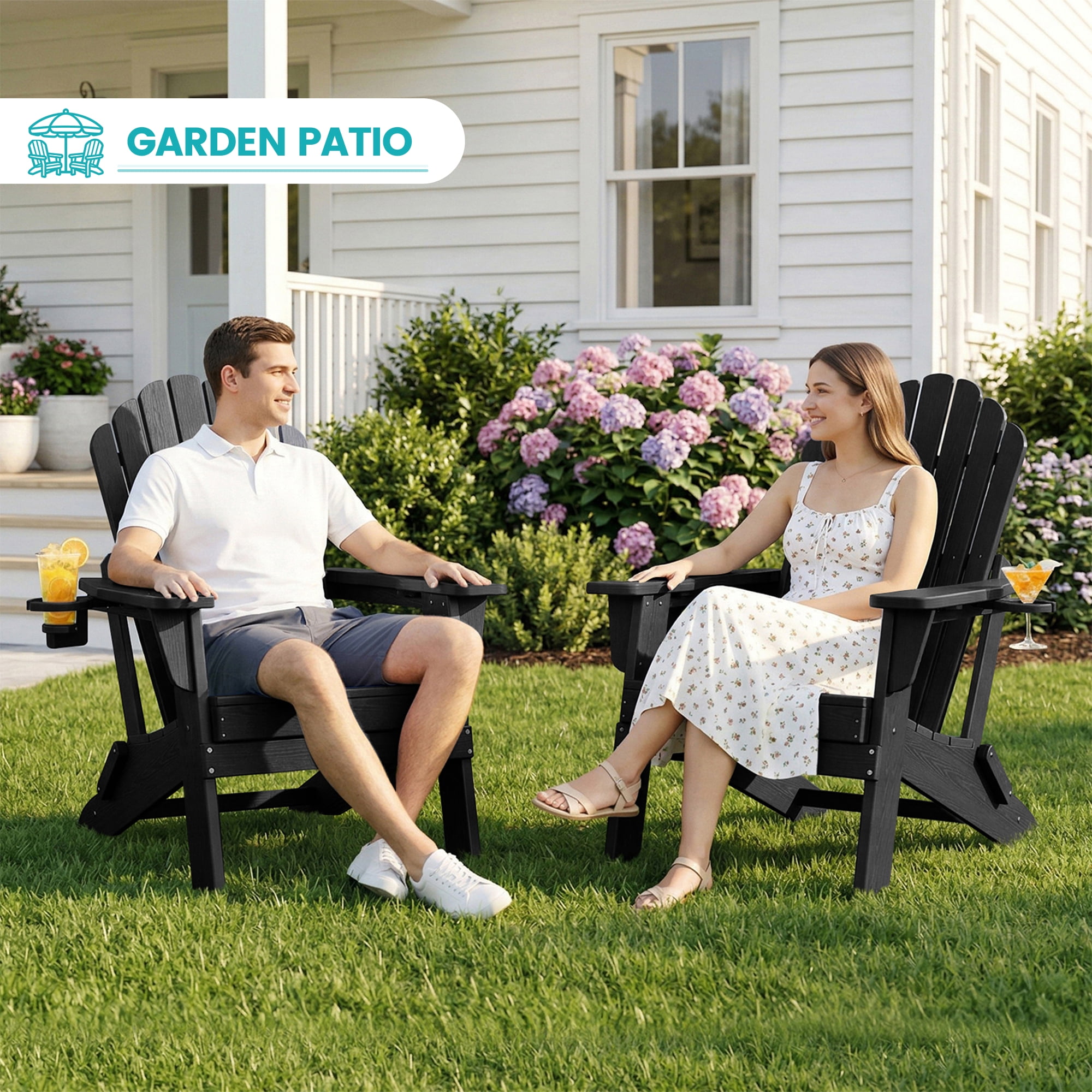 Cobiod Outdoor Adirondack Chair, Foldable Lawn Chair with Dual Cup Holders, Weather Resistant High Back (Black, 33 in Backrest) lp9tx