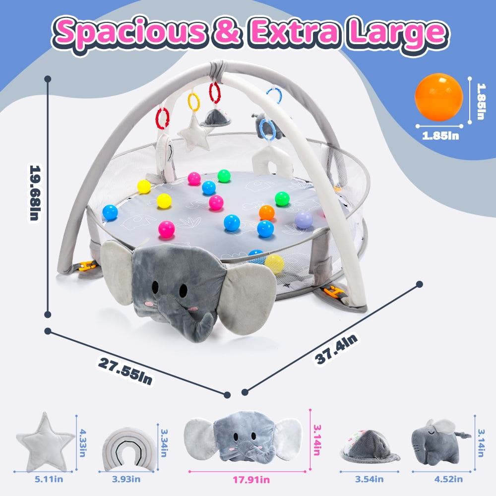 JoyStone 5-in-1 Elephant Baby Gym Play Mat with 30 Balls, Sensory Tummy Time Activity Center (Grey) 396w7