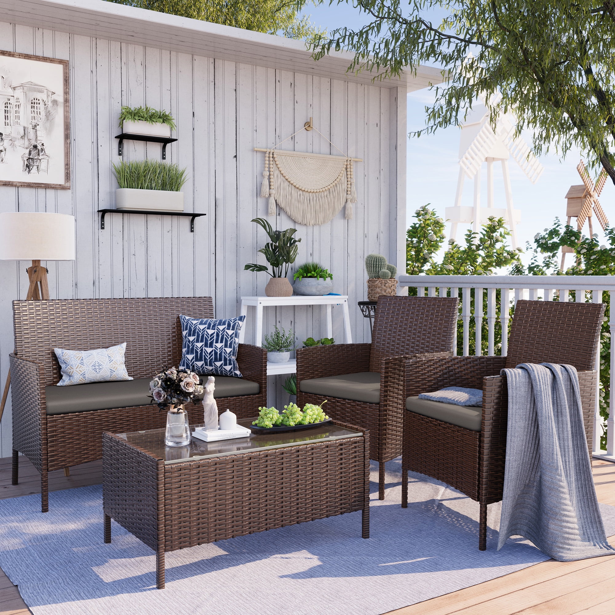 MRUAKA 4-Piece Outdoor Wicker Patio Furniture Set with Cushions and Coffee Table (Grey, 4-Piece Set) d54ge