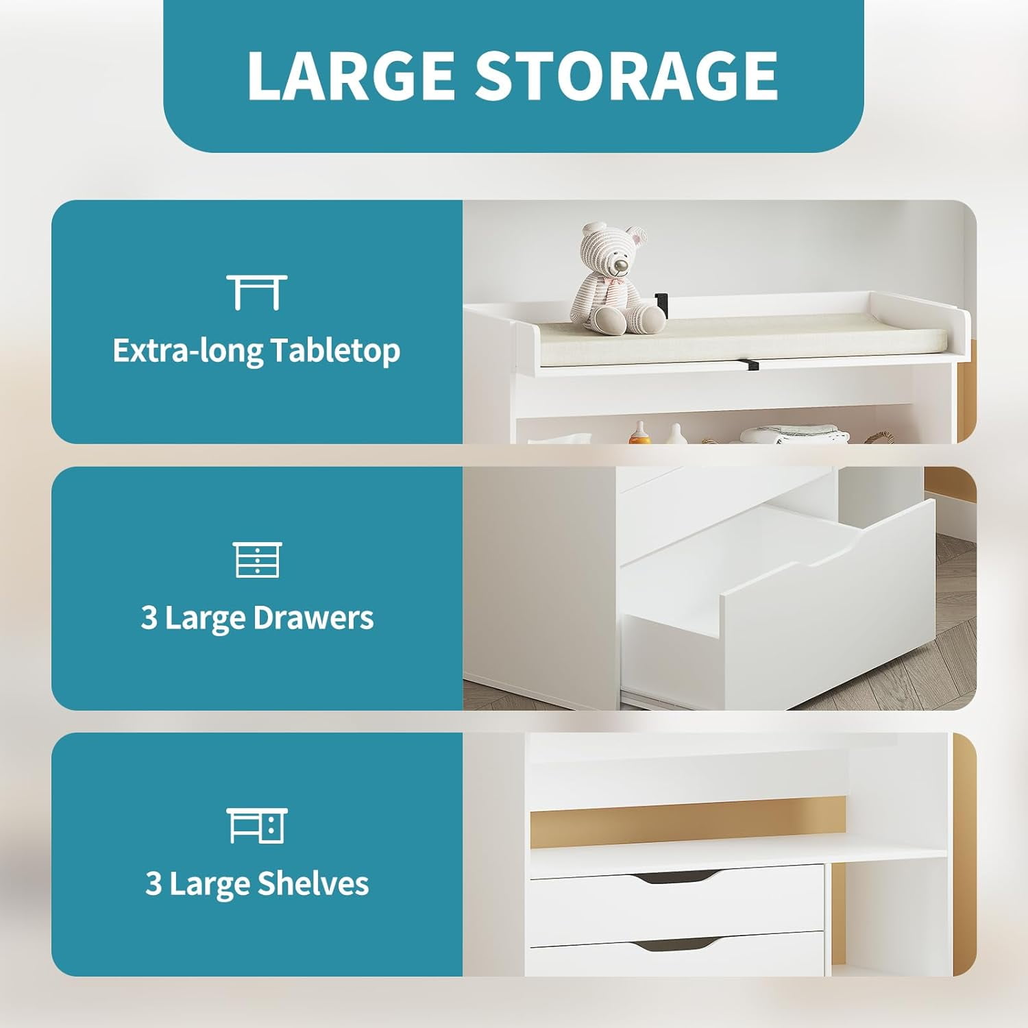 Linor Baby Changing Table Dresser with 3 Drawers and 3 Storage Shelves (White, 34.3 in x 18.5 in x 34.5 in) lfr9j