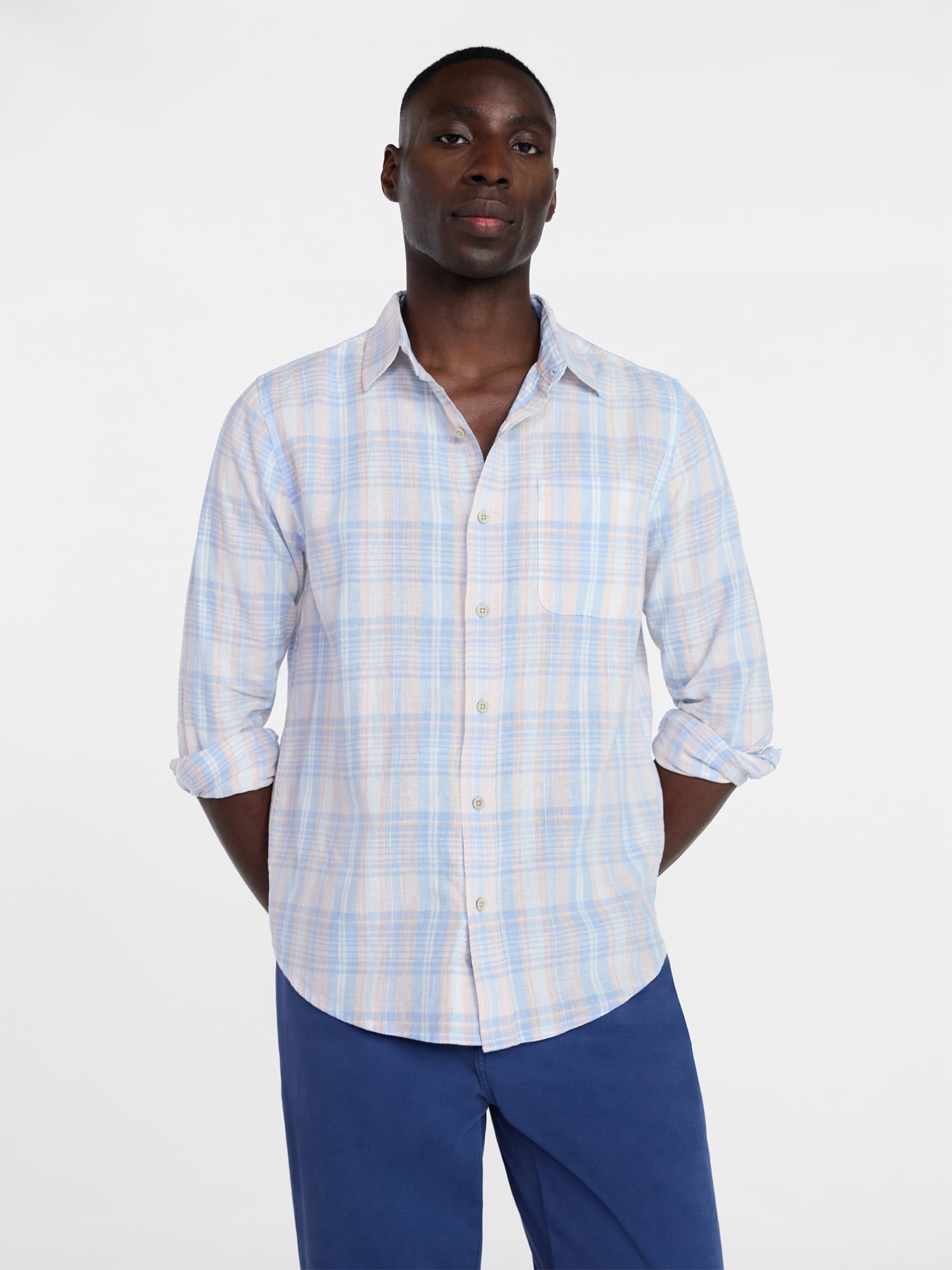 George Men's Linen Blend Long Sleeve Button Up Shirt (Blue, S) pbosy