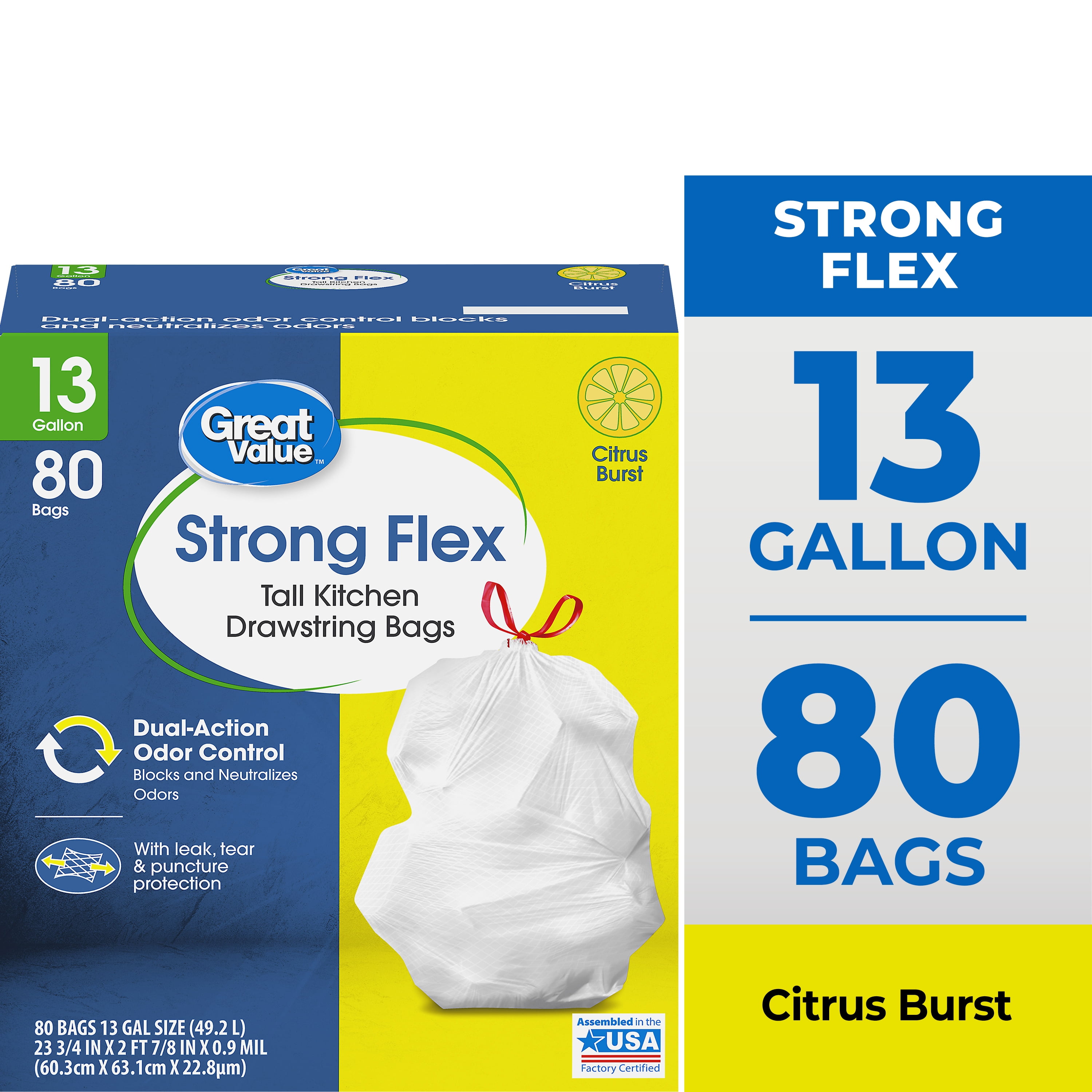 Great Value Strong Flex Tall Kitchen Trash Bags, Citrus Burst Scented Drawstring (13 Gallon, 80 Count) uu7wq