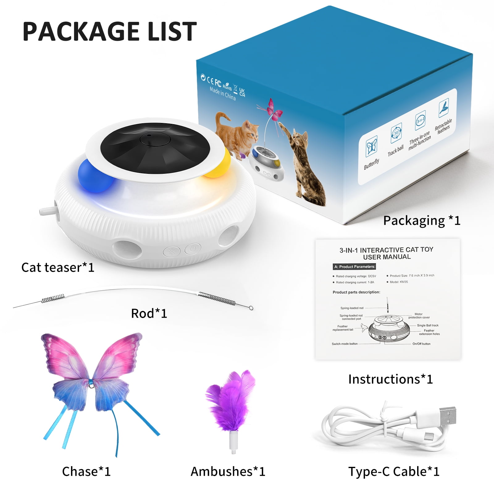 Cornmi 3-in-1 Interactive Cat Toy, Smart Feather Wand with USB Rechargeable Base (White) ggylw