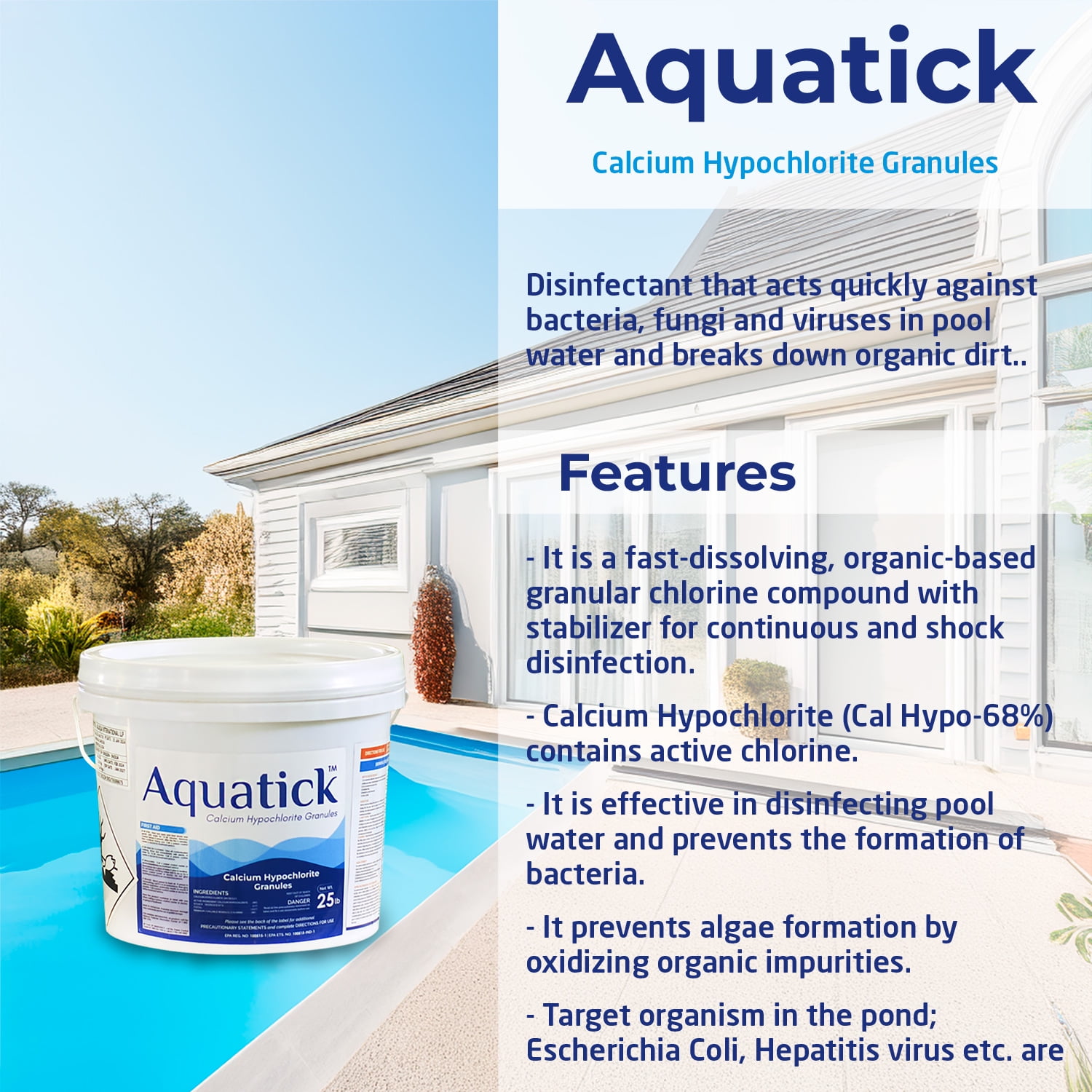 Aquatick Pool Shock 68% Calcium Hypochlorite Chlorine Granules (Clear, 25 lb) m8pp4