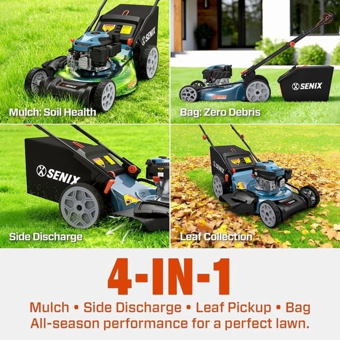 Senix 3-Tool Lawn Care Combo Kit (22 in Self-Propelled Gas Mower, Cordless Leaf Blower, String Trimmer, Blue) wgt7u