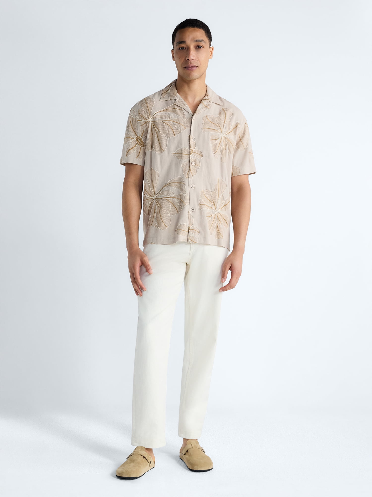 Free Assembly Men's Embroidered Linen Blend Camp Shirt Short Sleeve Button-Up (White, XS) raaxc