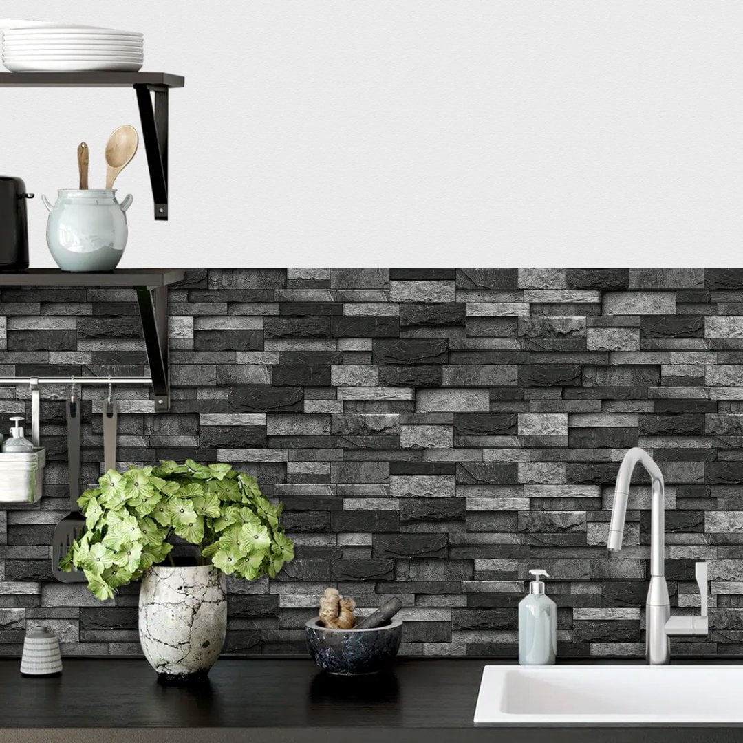 FUDAKUNA Self-Adhesive Wall Tile Stickers, Waterproof Peel and Stick Backsplash for Kitchen and Bathroom (Black Gray Stone Brick, 12 Pack, 4.72 in x 9.68 in) bmwbd