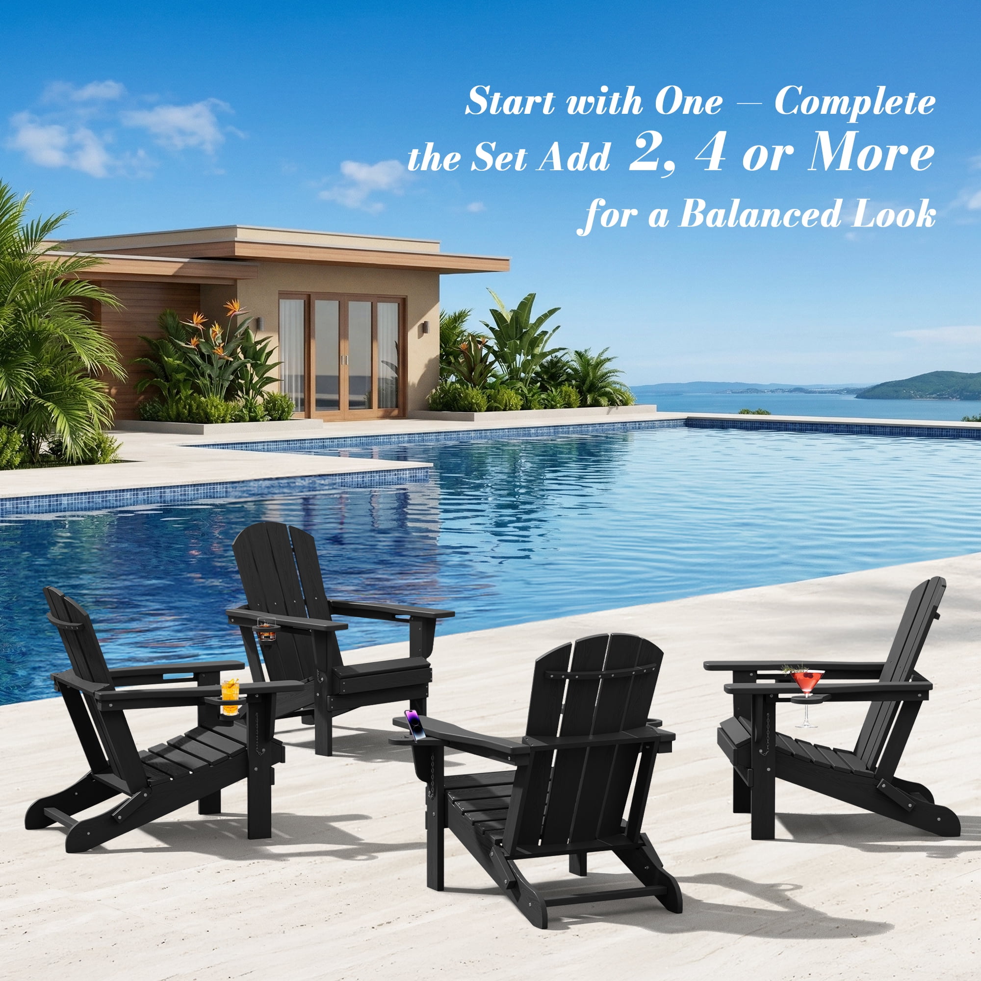 SERWALL Folding Adirondack Chair Set, All-Weather HDPE Patio Furniture with Cup & Phone Holders (Black, 32.5 in x 29.3 in x 35.8 in) ps3gb