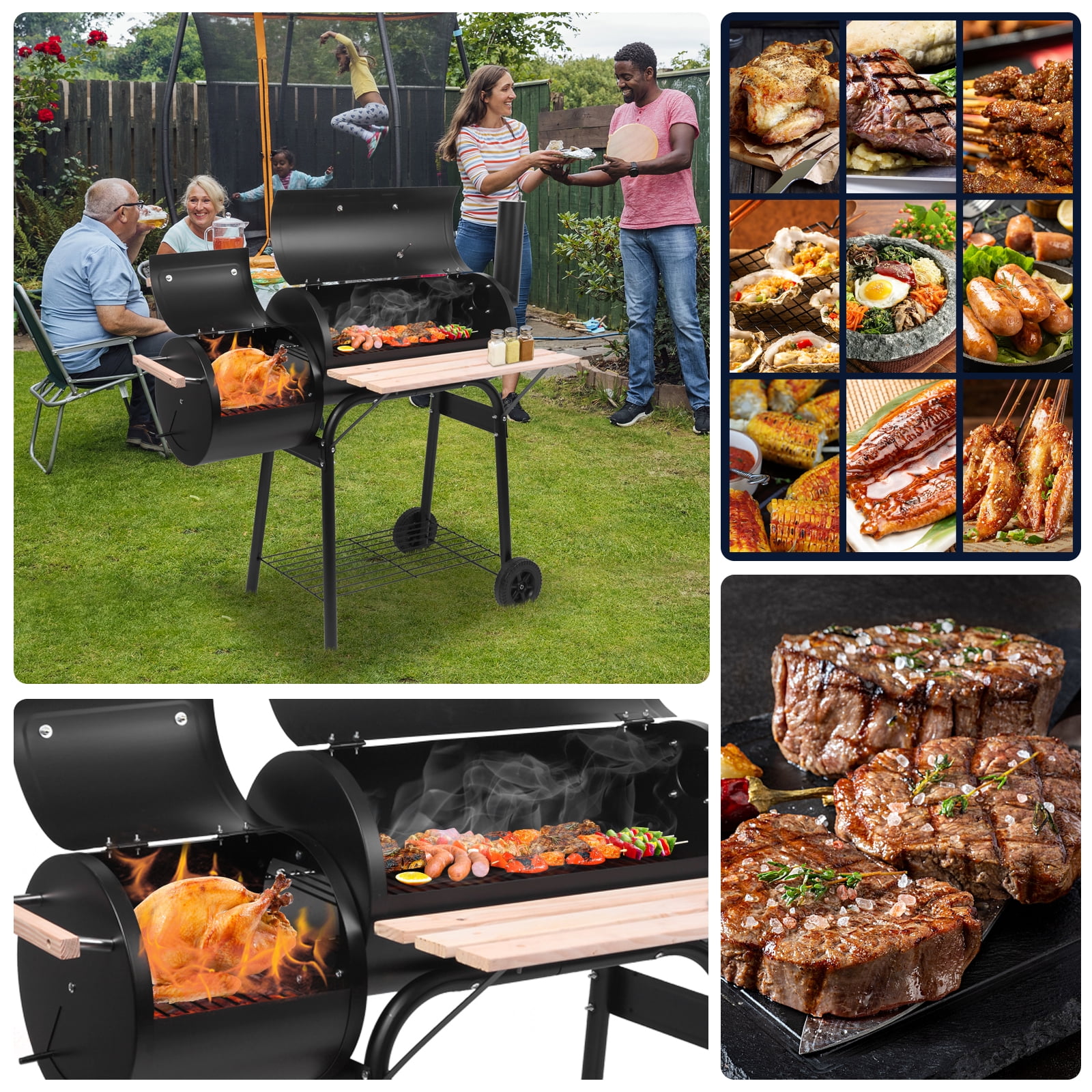 Segmart Portable Charcoal Grill with Temperature Gauge and Wood Shelves (Black, 24.4 in) r51vt