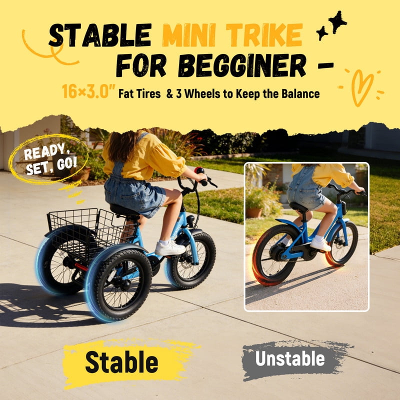 Elecby T300mini Electric Tricycle, 16 in Fat Tire Folding 3-Wheel E-Bike with 500W Motor (Blue) m1q5x