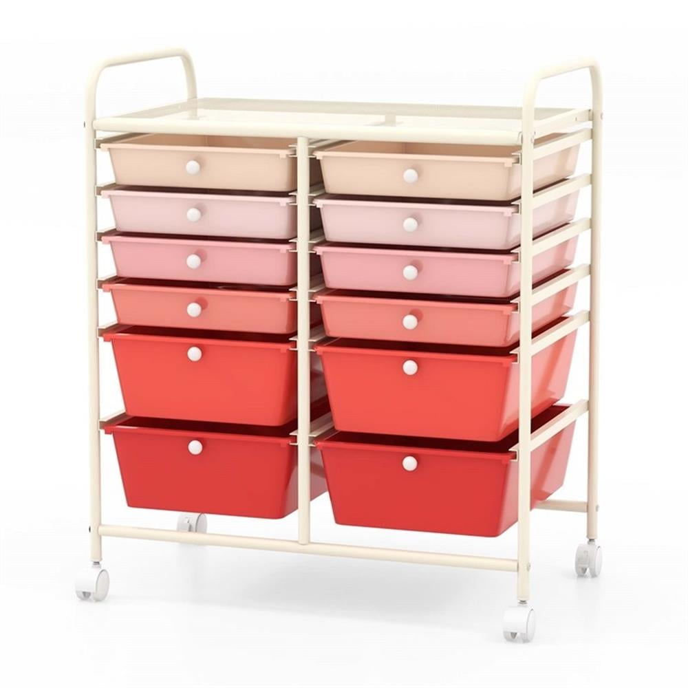 Pemberly Row 12-Drawer Rolling Storage Cart with Swivel Casters (Pink, 25 in x 15 in x 29.5 in) pk3sc