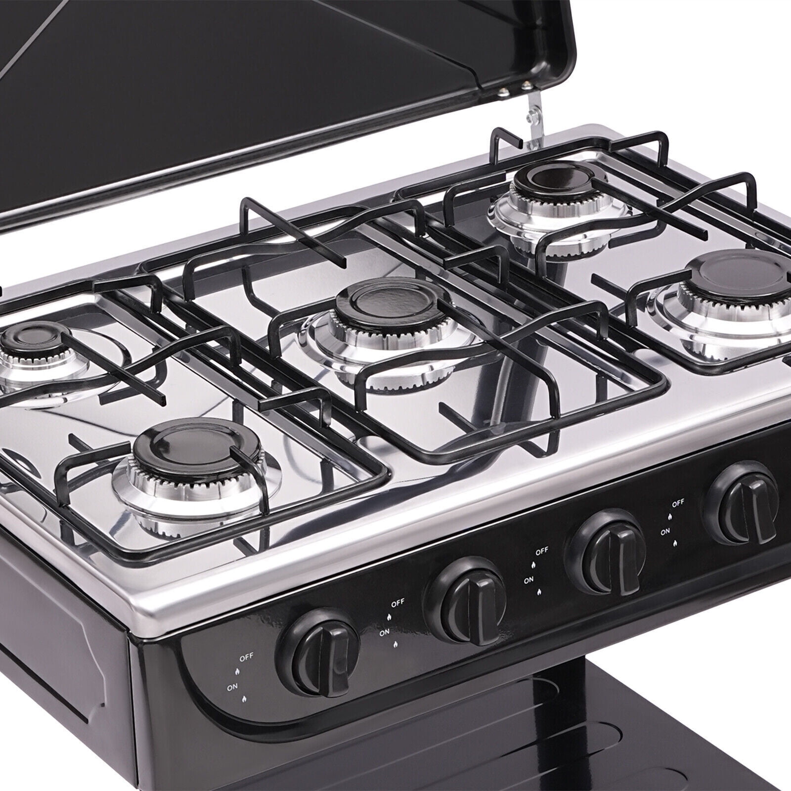 Generic 5-Burner Gas Stove Outdoor Camping BBQ Grill with 2-Tier Storage Rack (Black) g36xu
