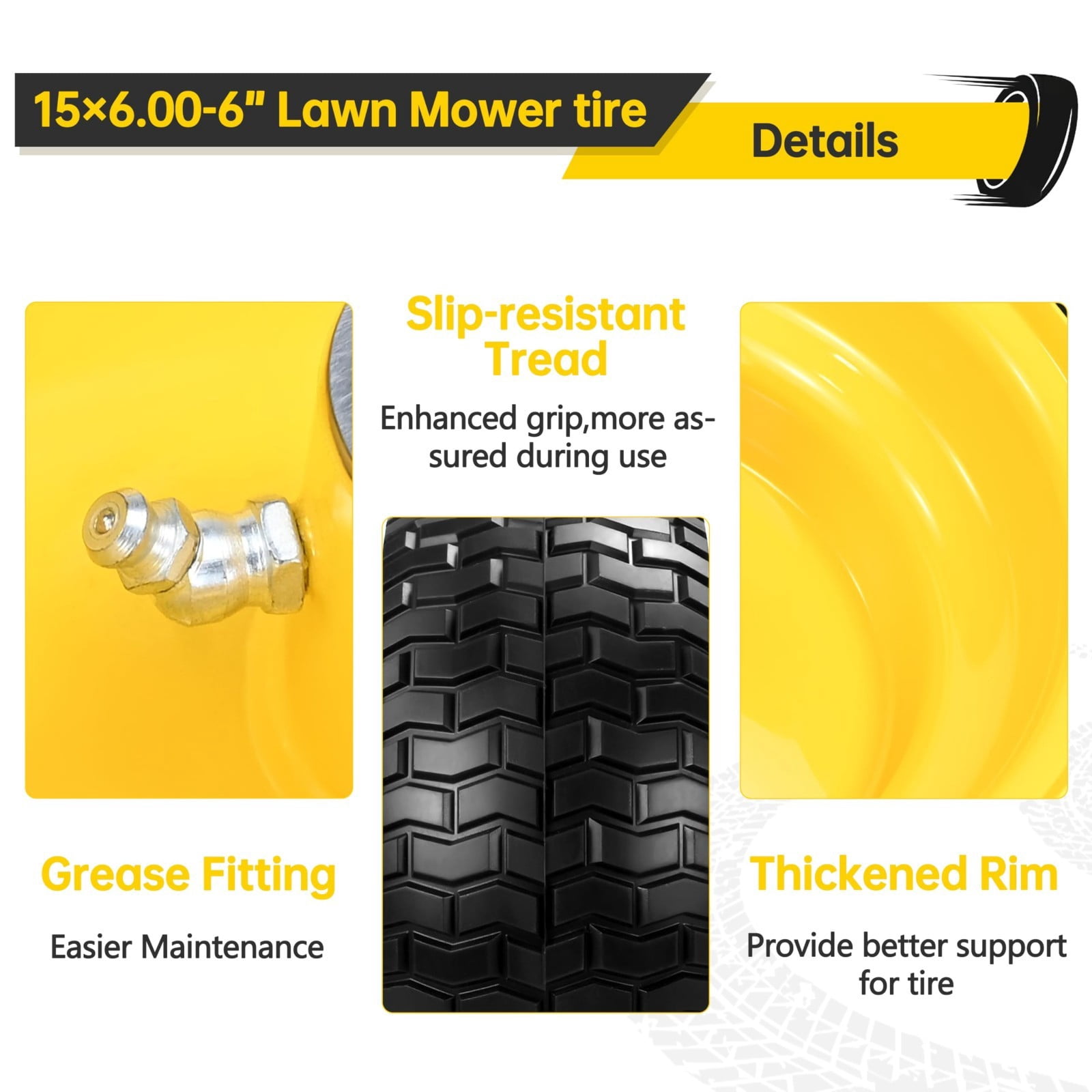 LOTMOVE 15x6.00-6 Flat-Free Lawn Mower Tire and Wheel Assembly (2 Pack, 500 lb Capacity, 3/4 in Bearing) 3uoew
