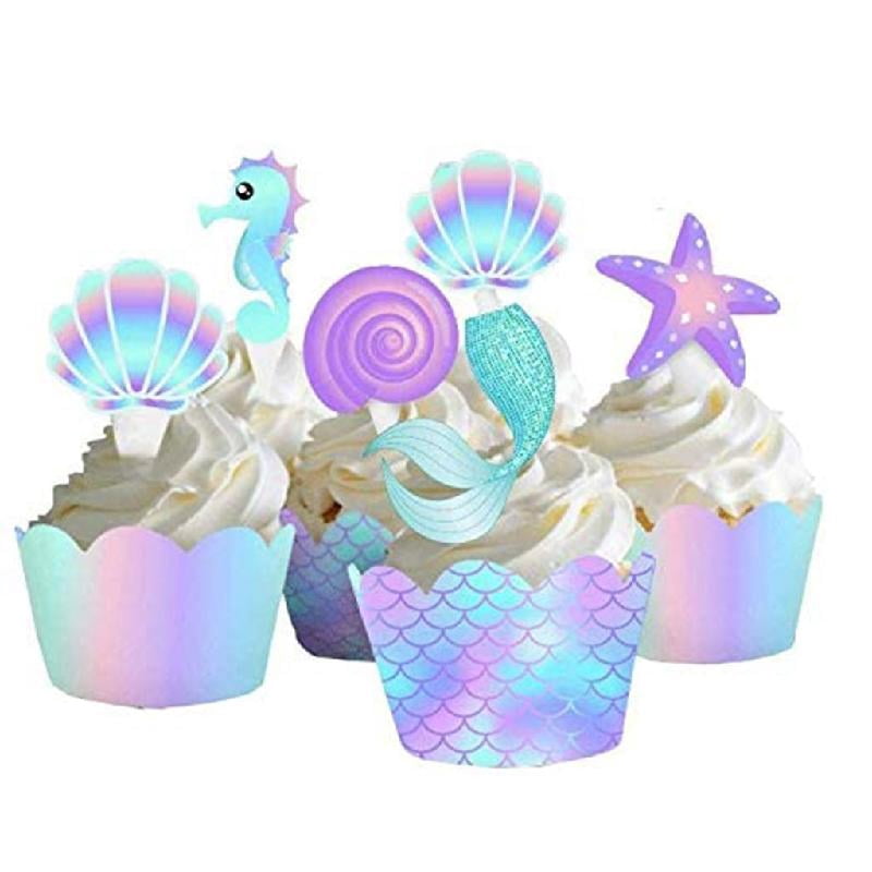 Zeiwohndc Mermaid Cupcake Toppers and Wrappers Set for Birthday Party Decorations (20 Pack) 461sx