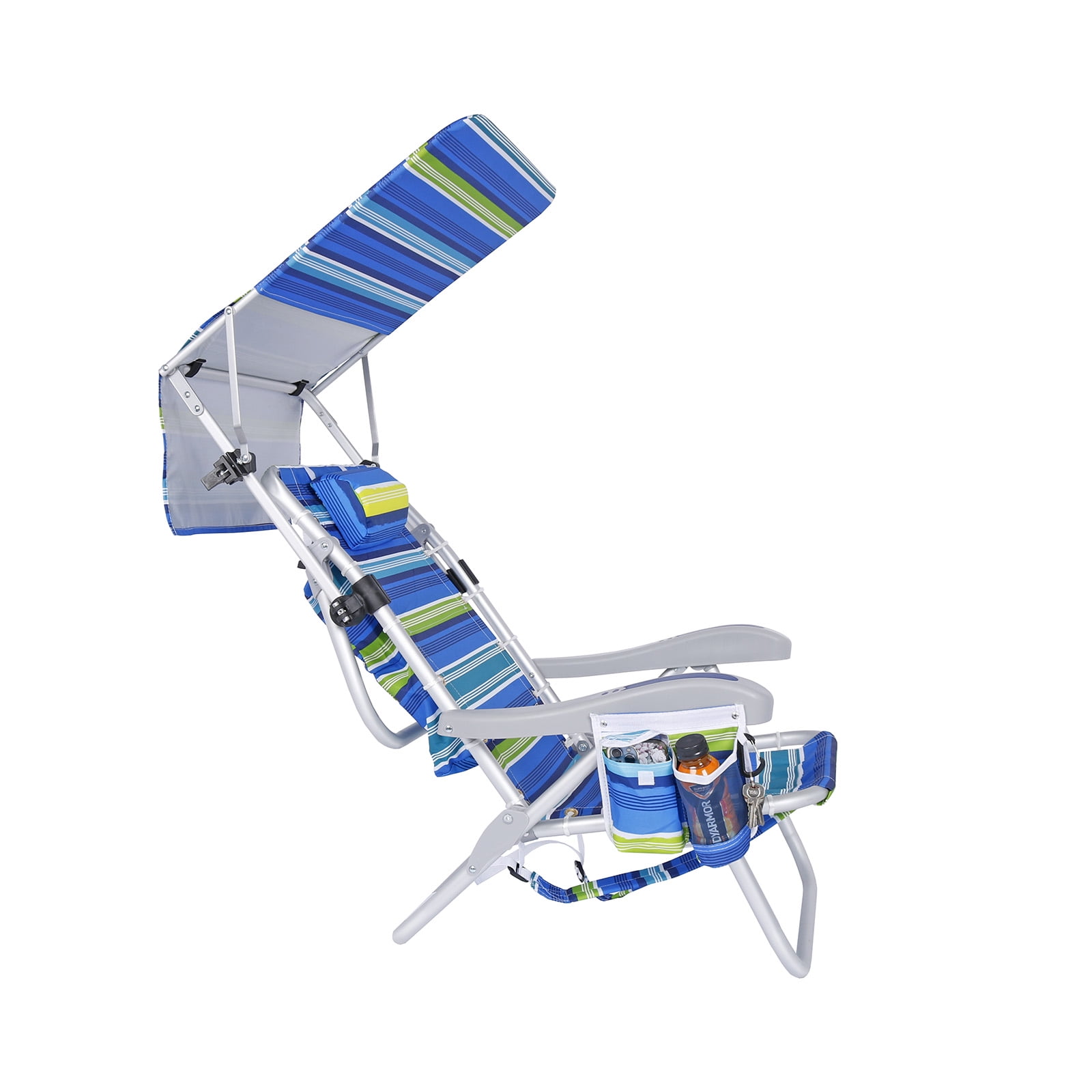 Beachmall Heavy Duty Aluminum Folding Backpack Beach Chair with Canopy and Cooler (Blue, 300 lb Capacity) 0x0qx