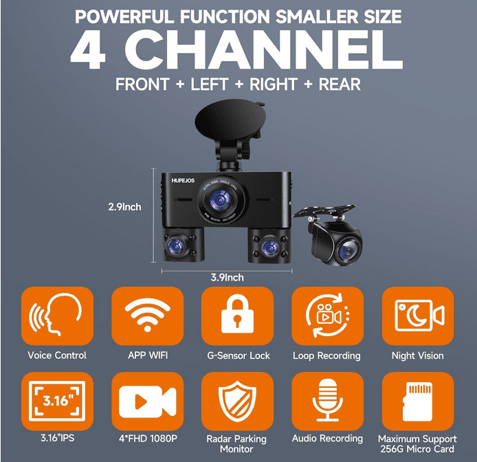 HUPEJOS 4-Channel Dash Cam 360° Car Camera System with 64GB Card, Voice Control, 2K Front & 1080P Interior/Rear Recording, WiFi & Night Vision (Black, 3.16 in Screen) x84ca