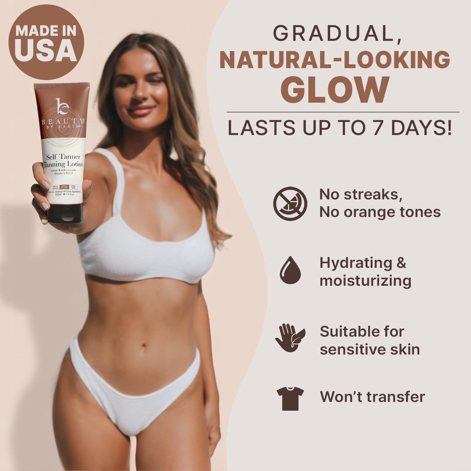 Beauty by Earth Self Tanner Lotion, Organic Sunless Tanning Bronzer for Natural Glow (Medium, 7.5 fl oz) wmckq