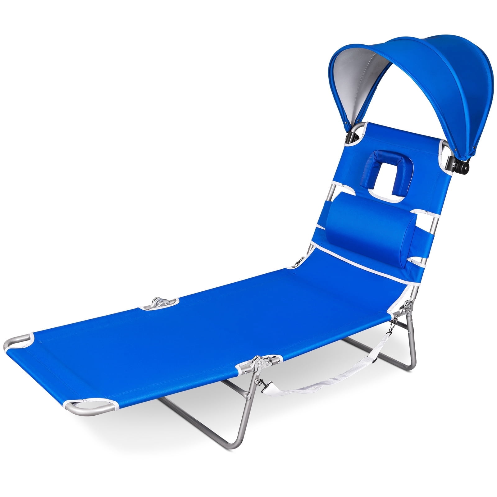 SUNSPIRE Folding Beach Lounge Chair with Canopy, Portable Reclining Sun Lounger with Face Hole and Side Pocket (Blue) e7mk6