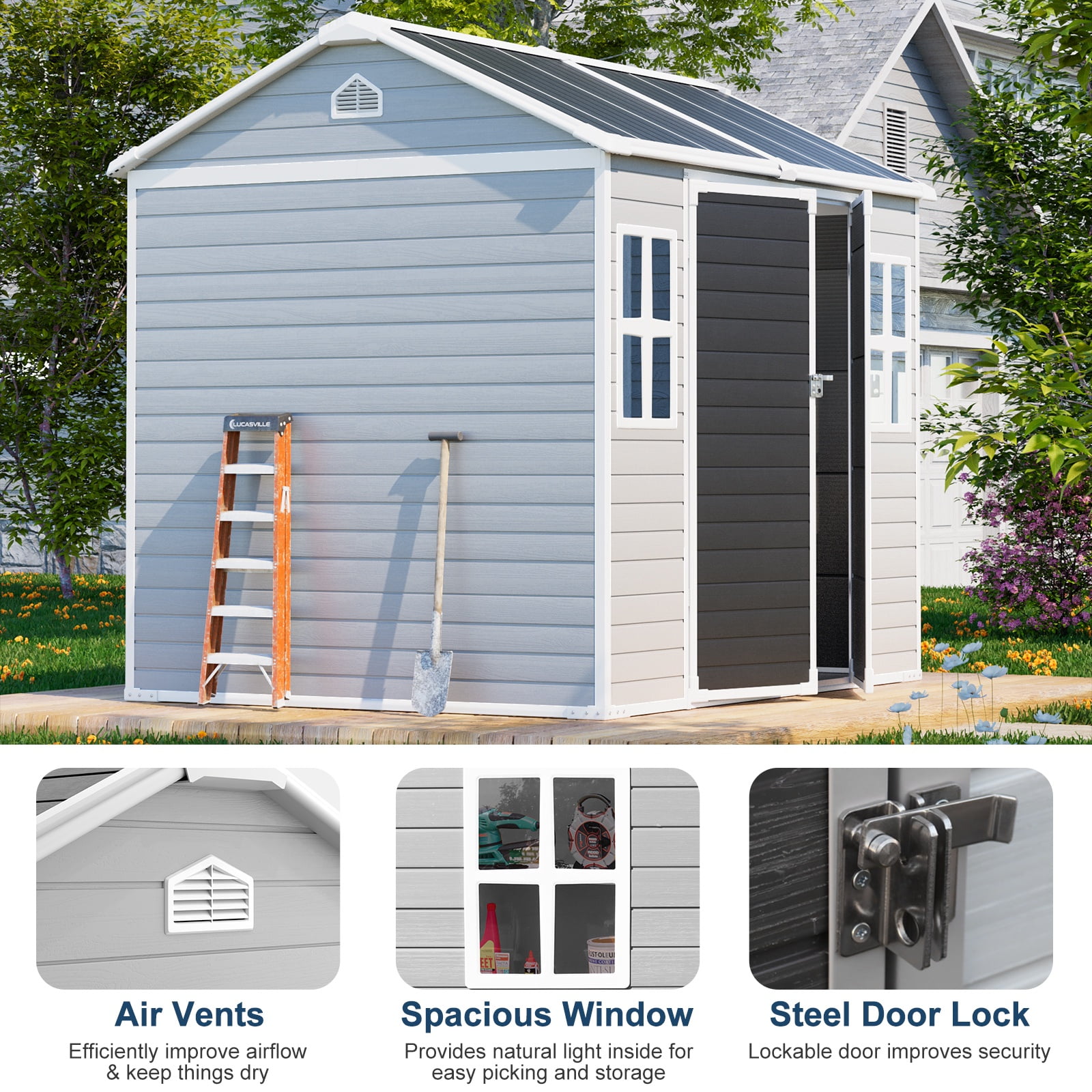 JULY'S SONG Outdoor Storage Shed with Floor, Weather-Resistant Resin Garden Tool House with Lockable Door and Windows (Grey, 8x6 ft) liaf2