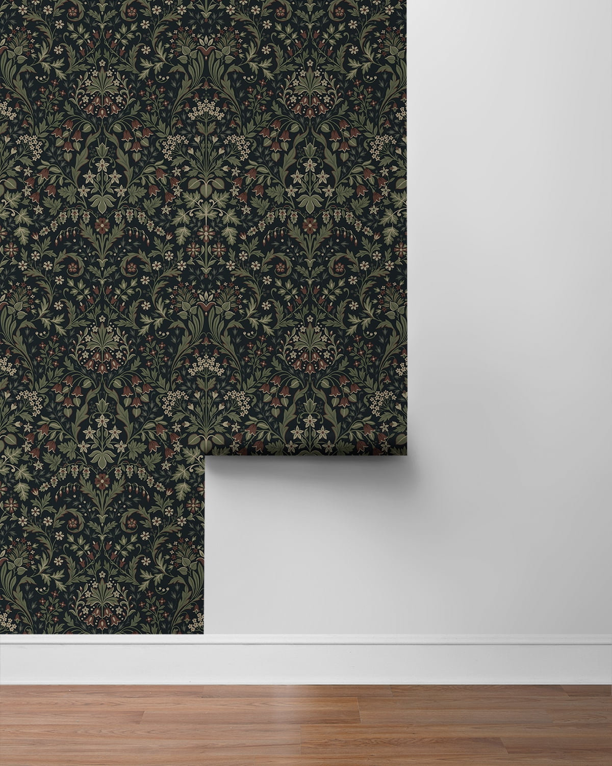 NextWall Filigree Floral Peel and Stick Wallpaper (Midnight Blue & Sage, 20.5 in. W x 18 ft. L) i1dx3