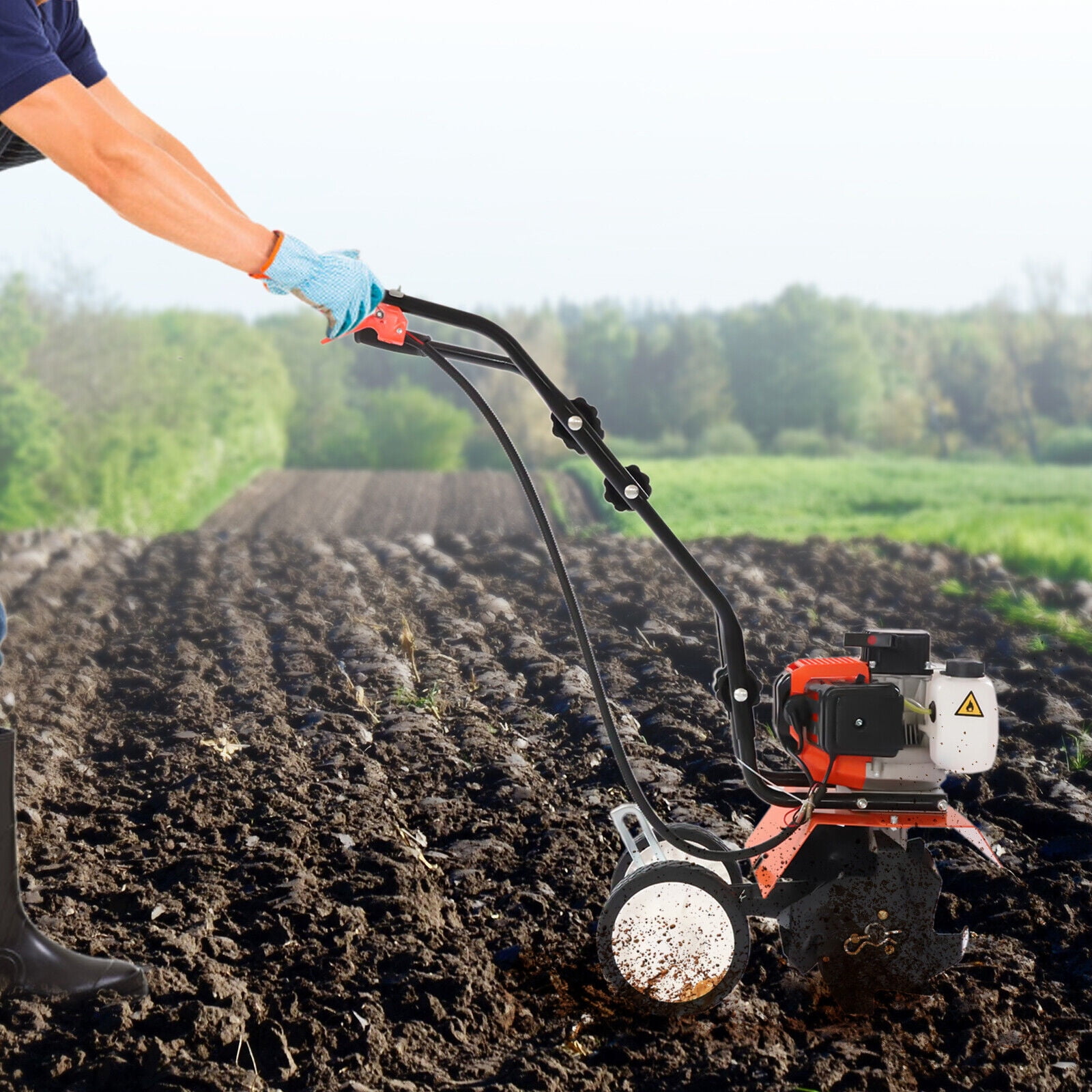 Generic 43CC 2-Stroke Gas Powered Garden Cultivator, Heavy-Duty Soil Tiller with Adjustable Wheels and Mud Flap (28.66 lb) qx6vk