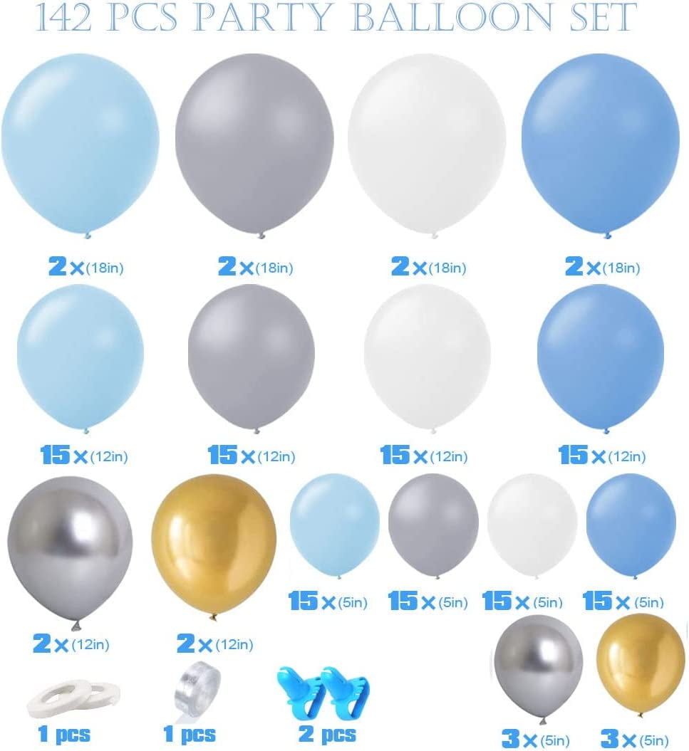 MMTX 142pcs Balloon Garland Arch Kit for Birthday Wedding Party Decoration (Blue, White, Gray, 142 Pieces) km4nq