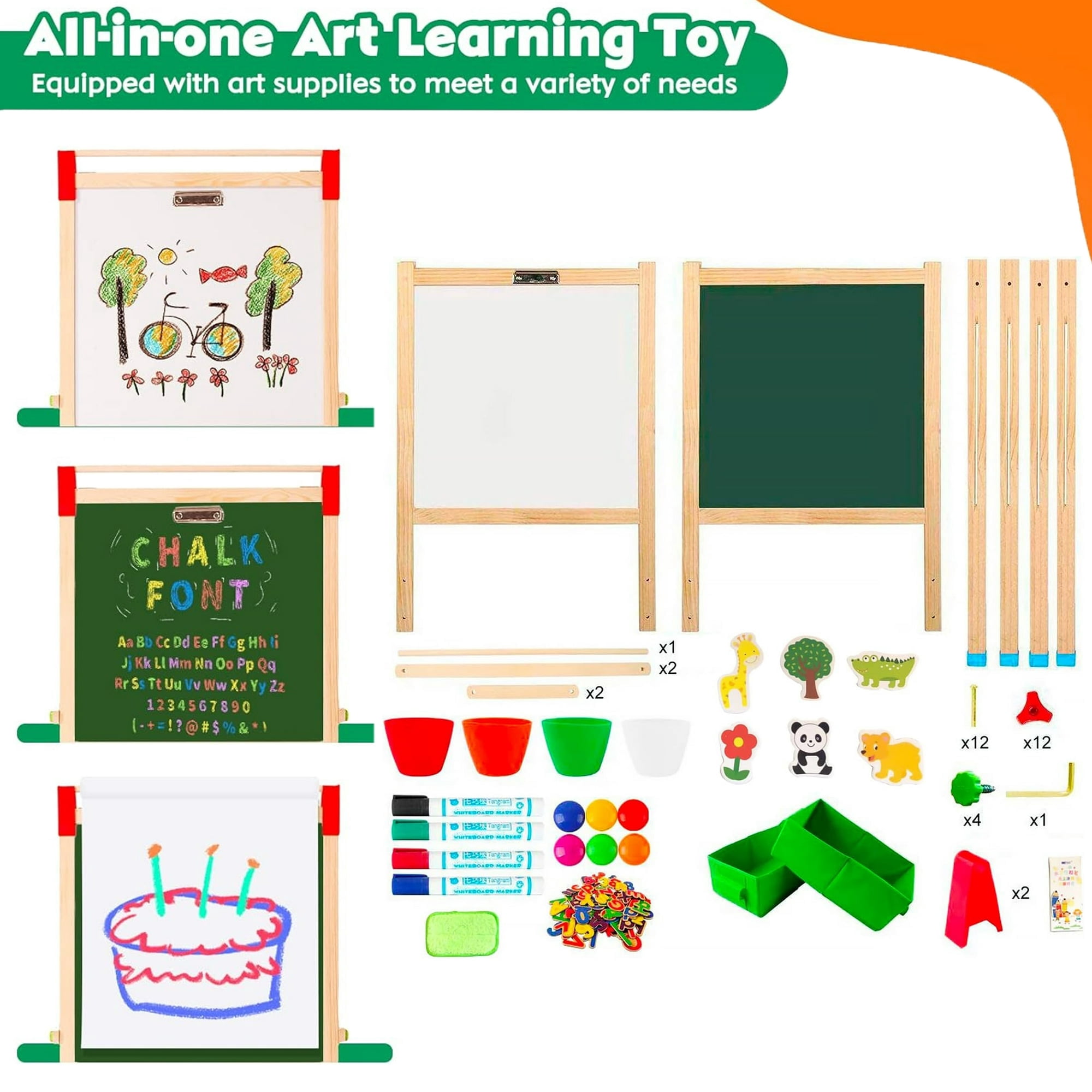 Ealing All-in-One Kids Art Easel with Paper Roll and Storage Bins, Double-Sided Height Adjustable Magnetic Whiteboard and Chalkboard (Green, 195 in Paper) k8dbf