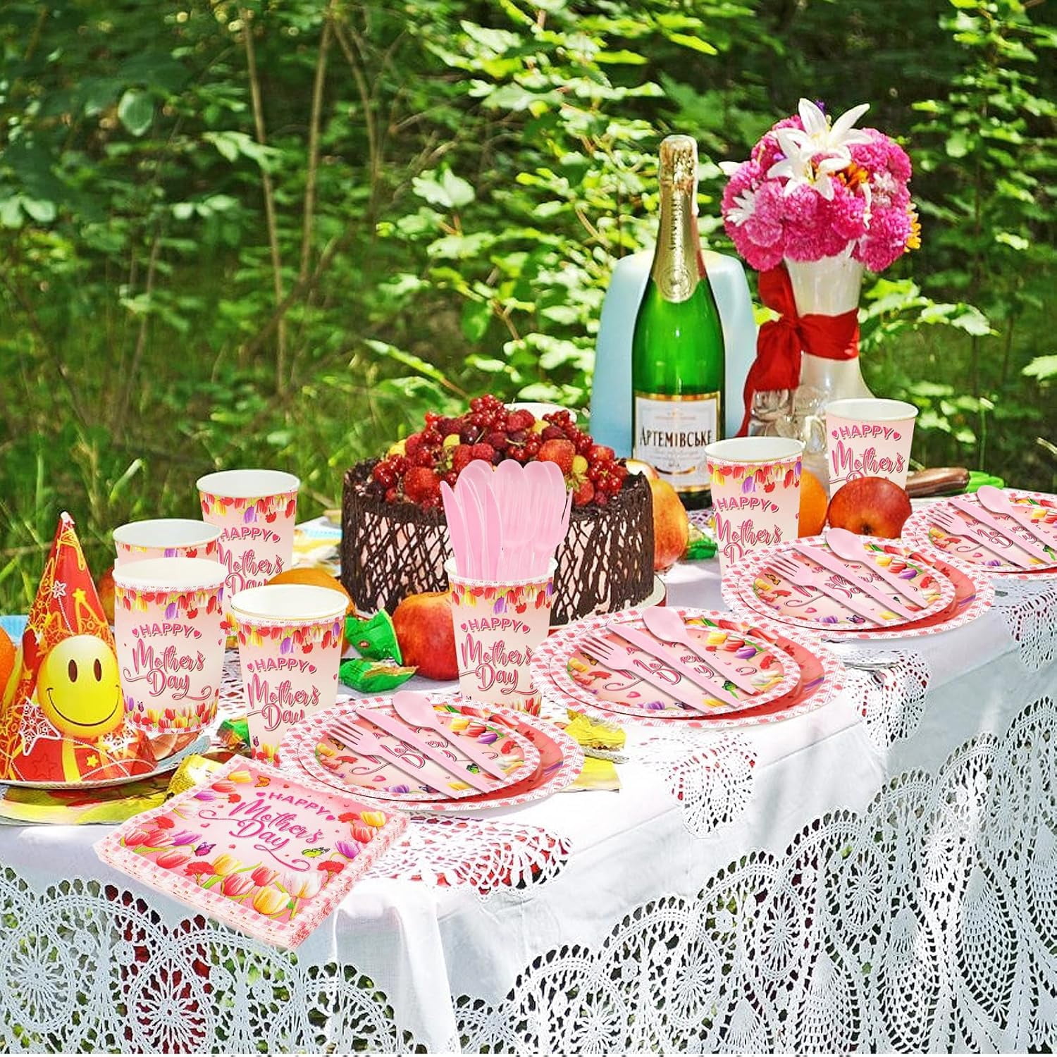 HOWAF Mother's Day Disposable Tableware Set, Floral Party Supplies for 20 Guests (Pink, 116 Piece) goy6w