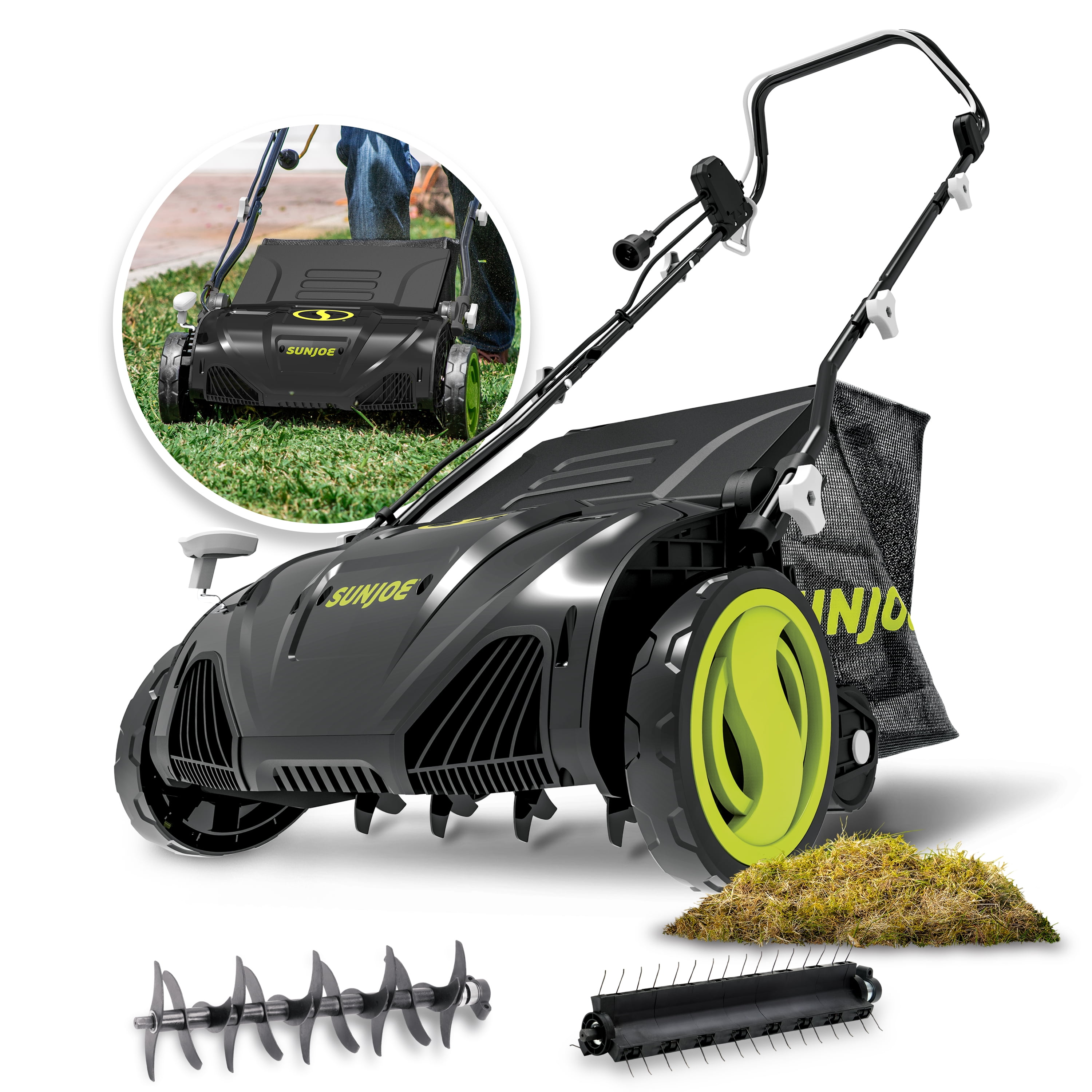 Sun Joe AJ805E Electric Lawn Dethatcher and Scarifier, 13-Amp Motor, 15-Inch Cutting Width (Green) kjv9c