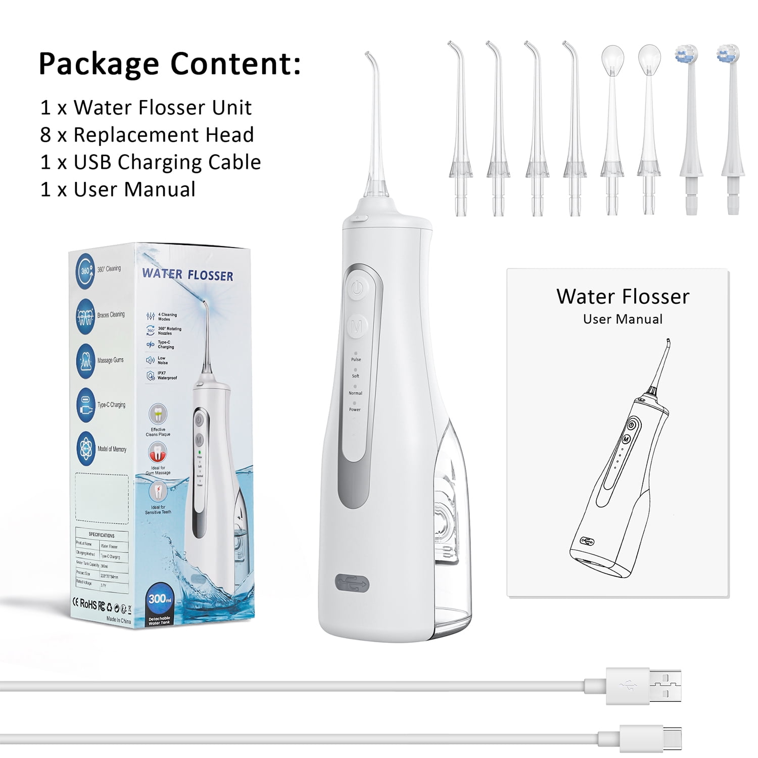 Cshidworld Portable Oral Irrigator, Professional Electric Water Flosser for Teeth Cleaning with 5 Modes and 8 Replacement Tips (White, 10.14 fl oz) 2vge3