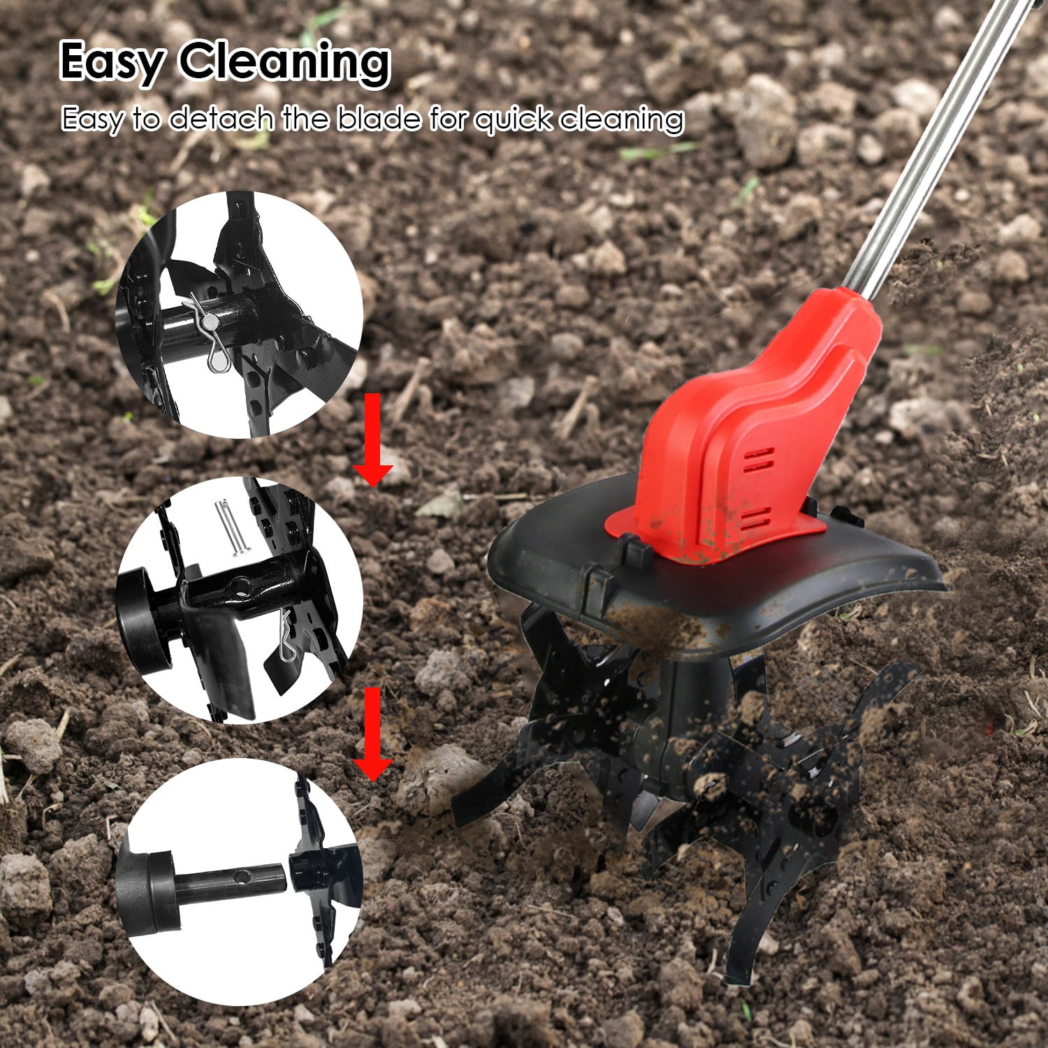 Moclever Electric Garden Tiller, Cordless Cultivator with 16 Steel Tines, 9-in Tilling Width & Depth (Black & Red, 11.02 lb) 9lg2x