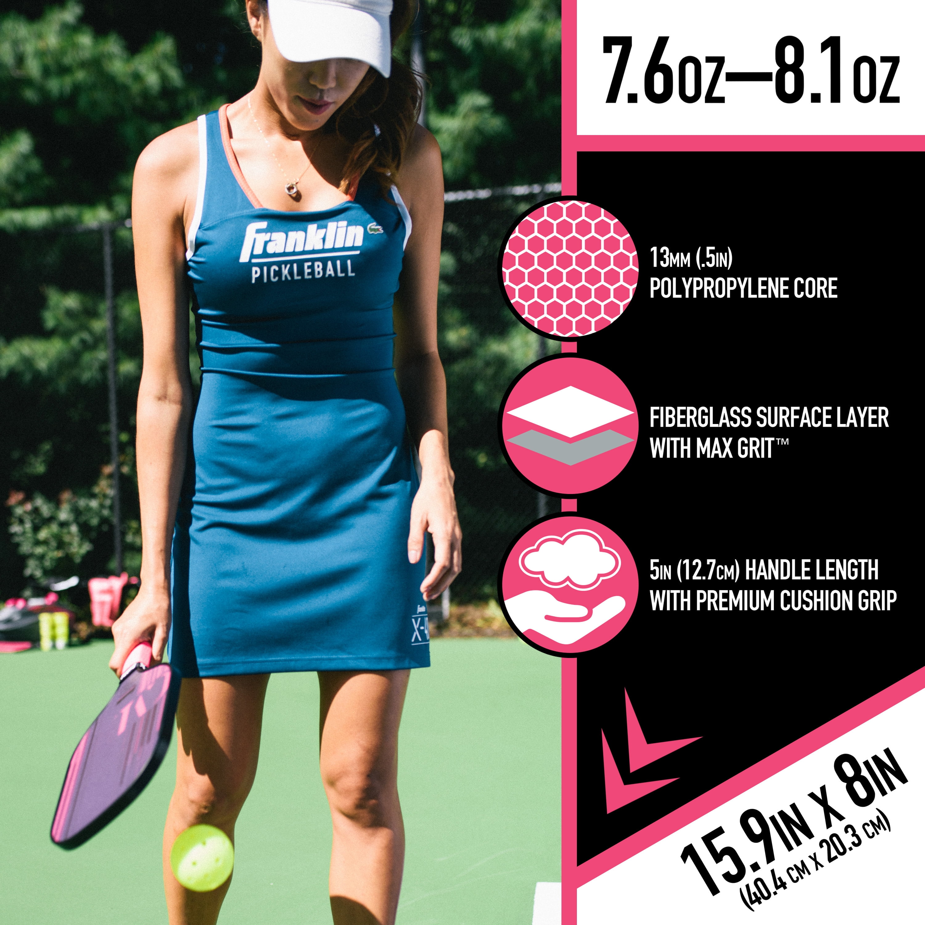 Franklin Sports Pro Pickleball Paddle - Professional Fiberglass Surface Racket with Max Grit Technology (Pink, 15.9 in x 8 in) 5wz40