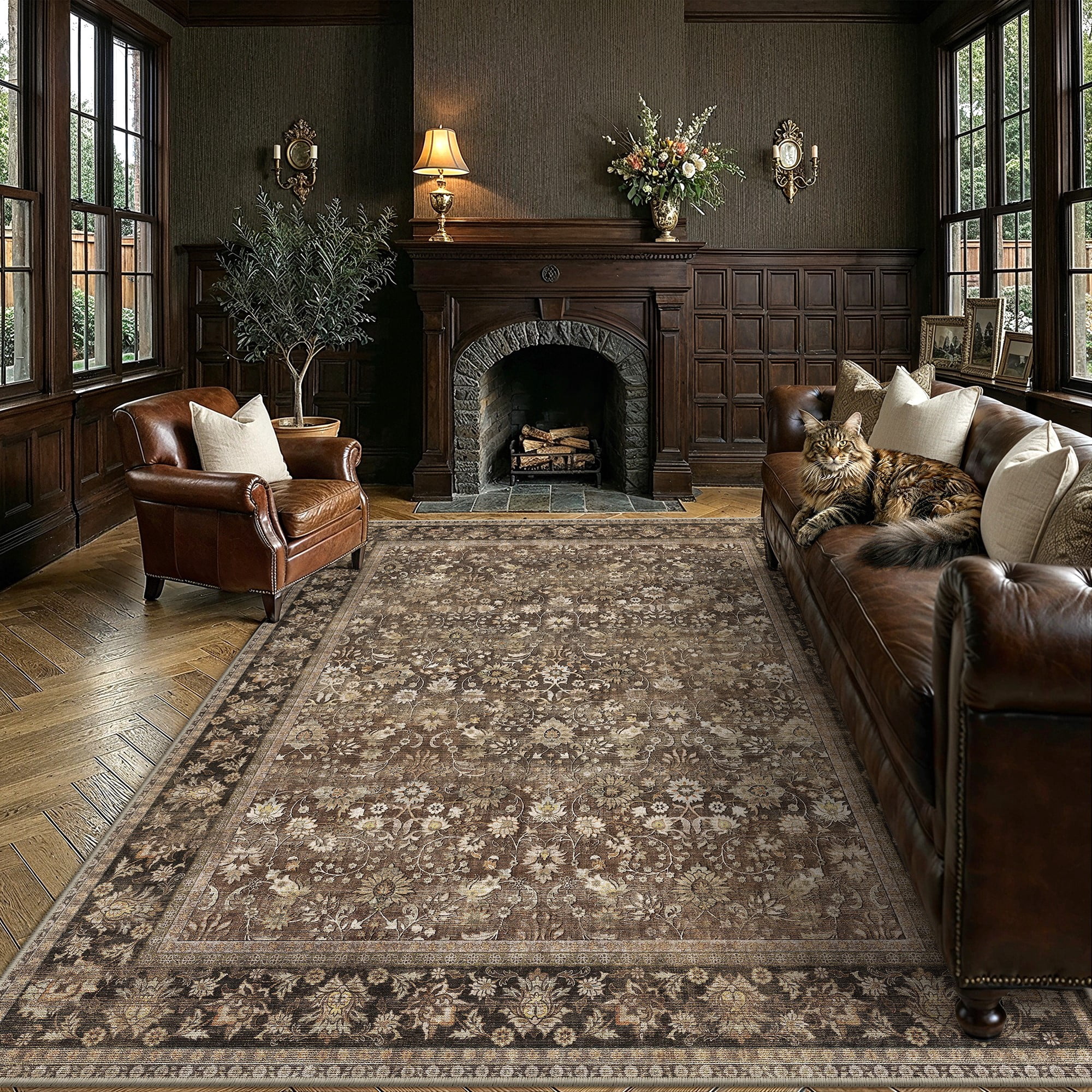 BERTHMEER Vintage Oriental Area Rug, Traditional Farmhouse Floor Carpet for Living Room and Bedroom (Brown, 5 ft x 7 ft) iqsal