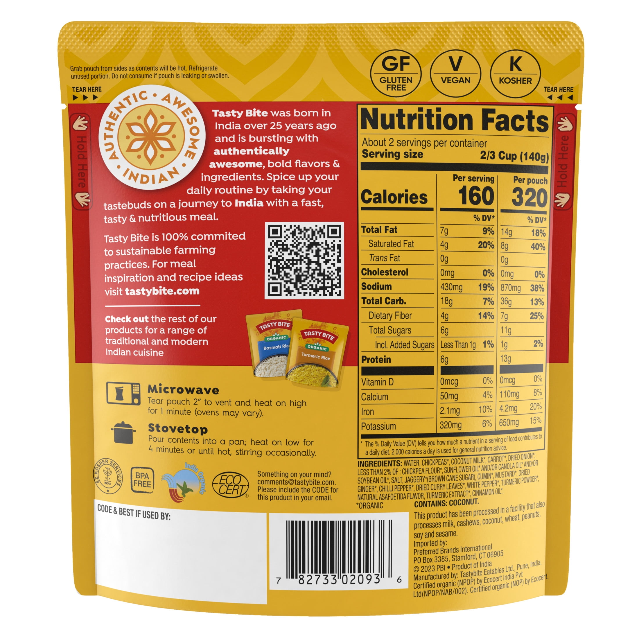 Tasty Bite Organic Coconut Chickpea & Turmeric Curry, Ready-to-Heat Meal (2 Pack, 10 oz) olh4b
